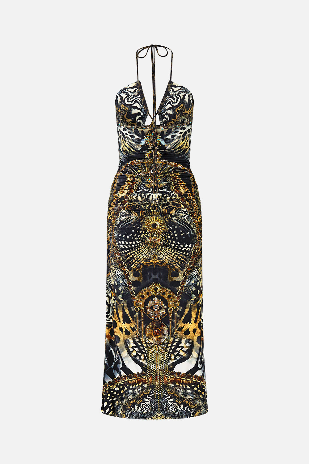CUT OUT SLEEVELESS JERSEY HALTER NECK DRESS FELINE FOLKLORE