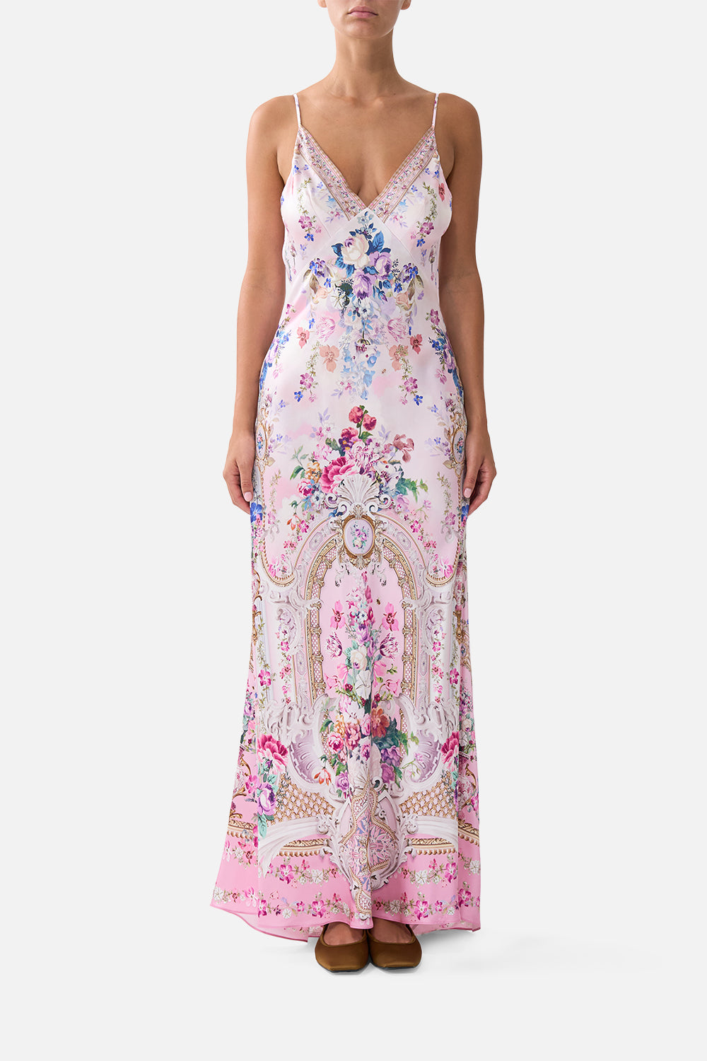 CAMILLA | V-Neck Long Bias Slip Dress with Train Palatial Pastels, XXL PINK | Palatial PASTELS