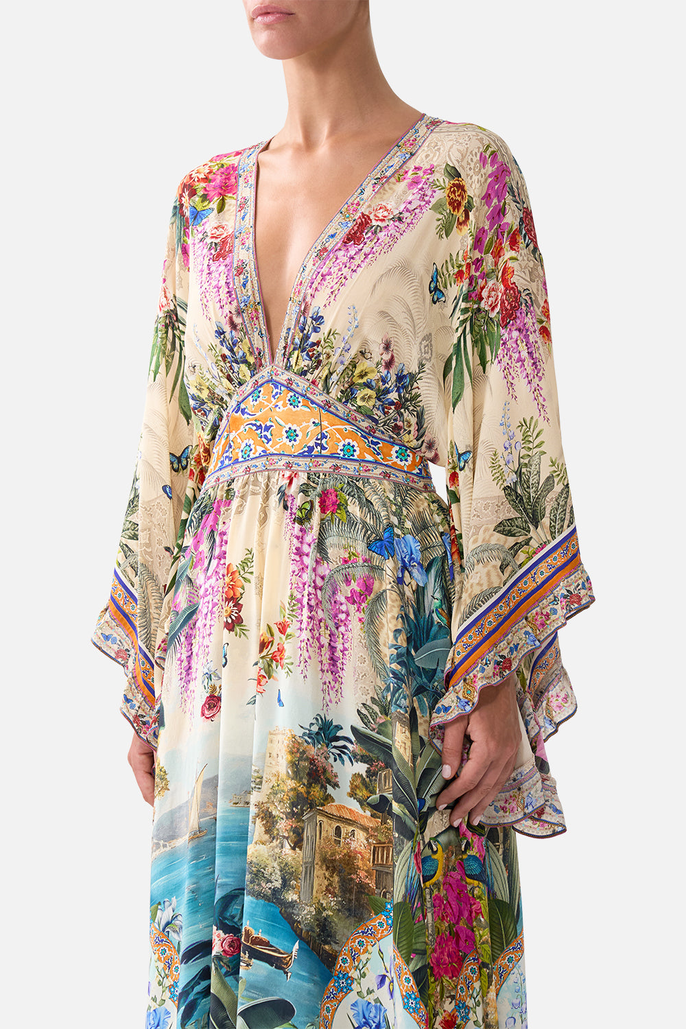 WAISTED DRESS WITH KIMONO SLEEVE BODRUM BOTANICALS