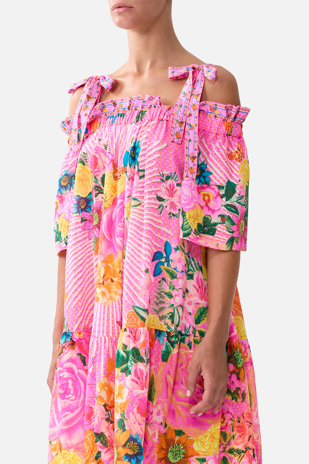 OFF SHOULDER FRILL DRESS WITH STRAPS ILLUSTRATION NATION