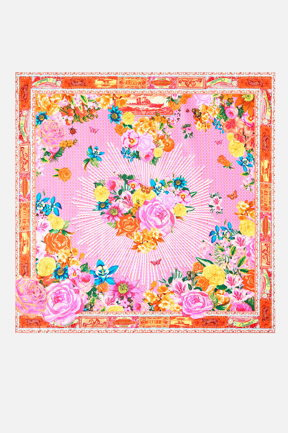 LARGE CRYSTALLED SILK SQUARE SCARF ILLUSTRATION NATION