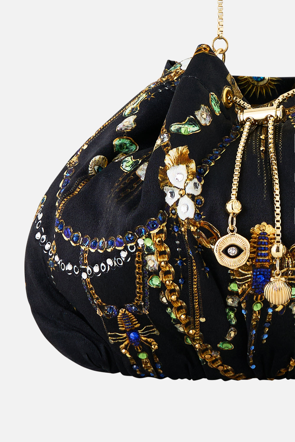 DRAWSTRING POUCH BAG WITH CHAIN STRAP AMULETS AND ALCHEMY