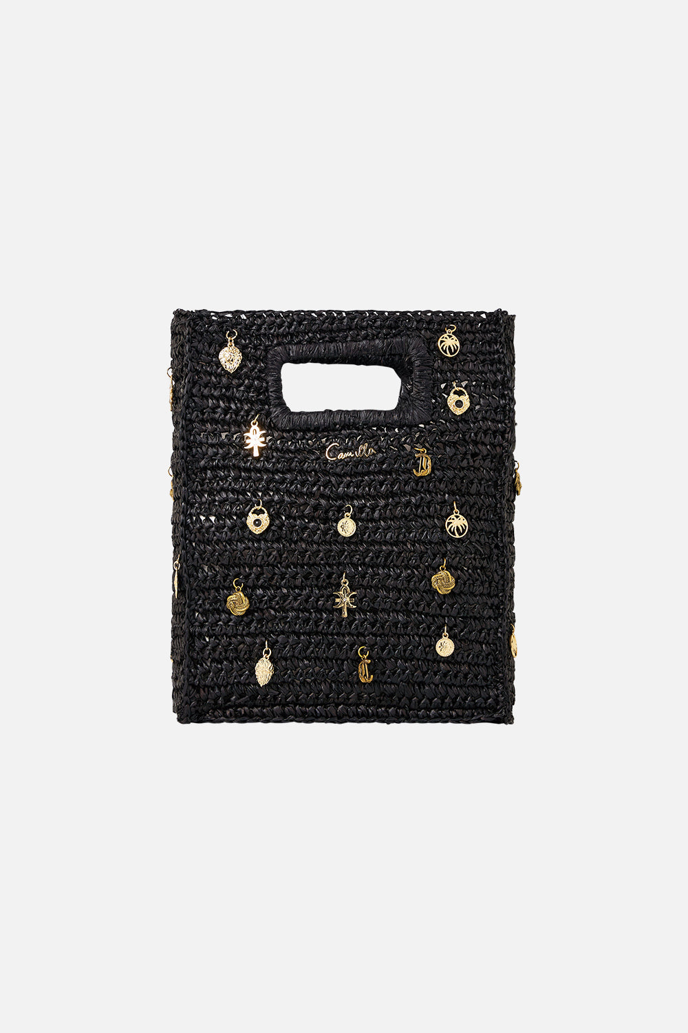 RAFFIA MINI NORTH SOUTH TOTE WITH CHARMS SOLID BLACK