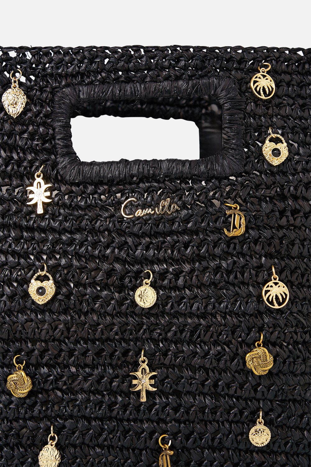 RAFFIA MINI NORTH SOUTH TOTE WITH CHARMS SOLID BLACK