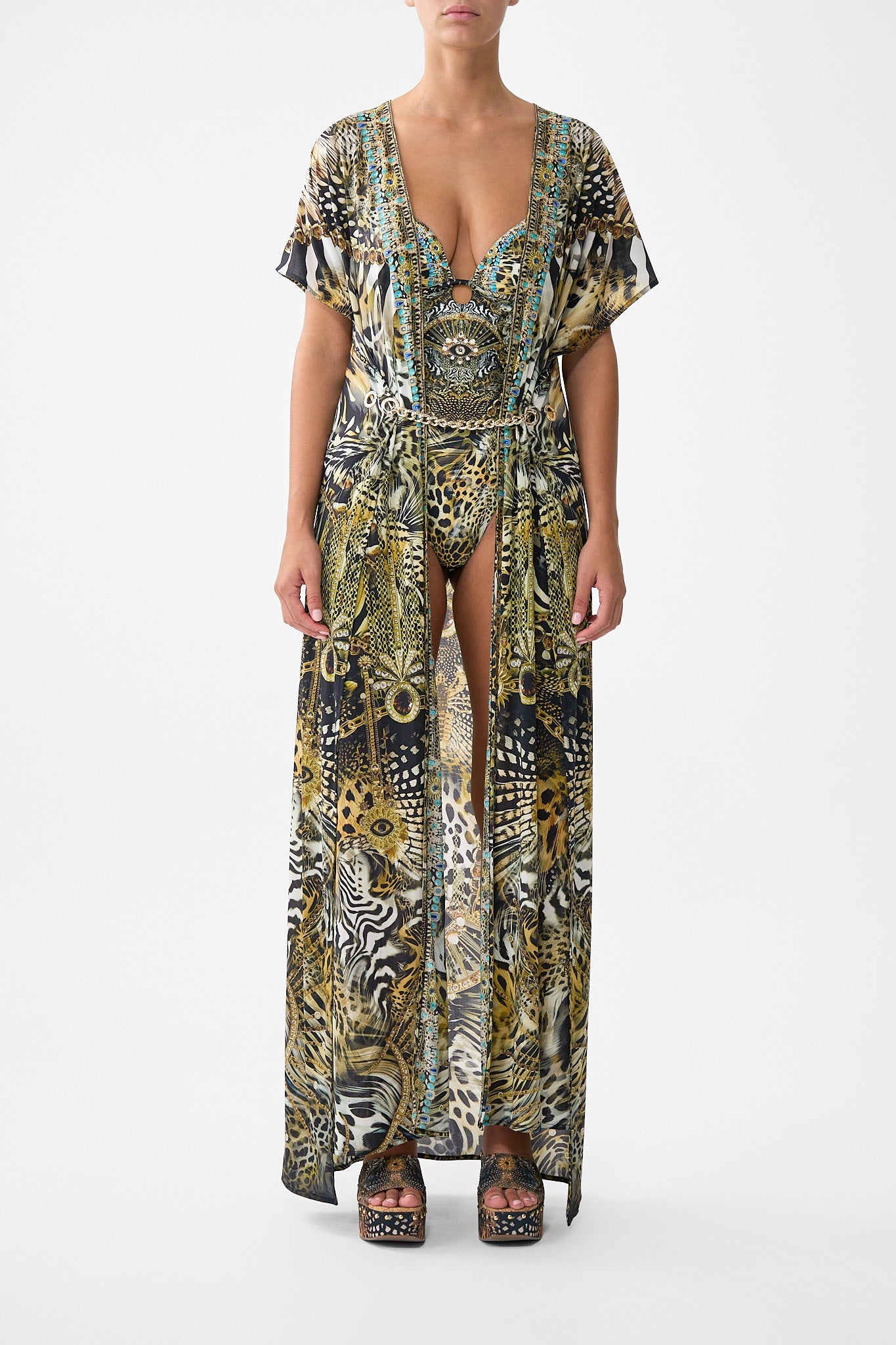 CAMILLA | Front Split Beach Maxi Dress with Chain Feline Folklore, L/XL Black | Feline FOLKLORE
