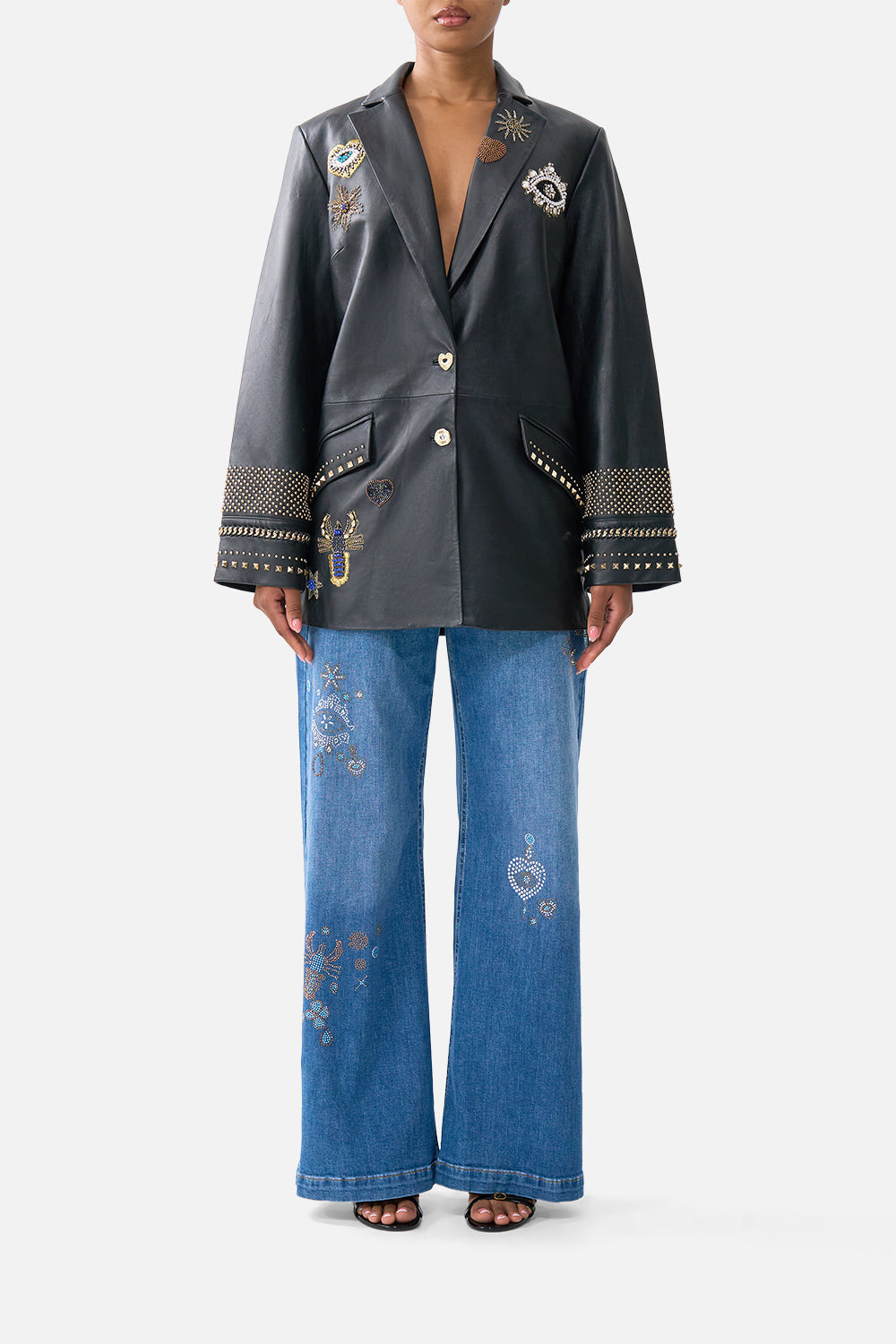 LEATHER JACKET WITH YOKE AMULETS AND ALCHEMY