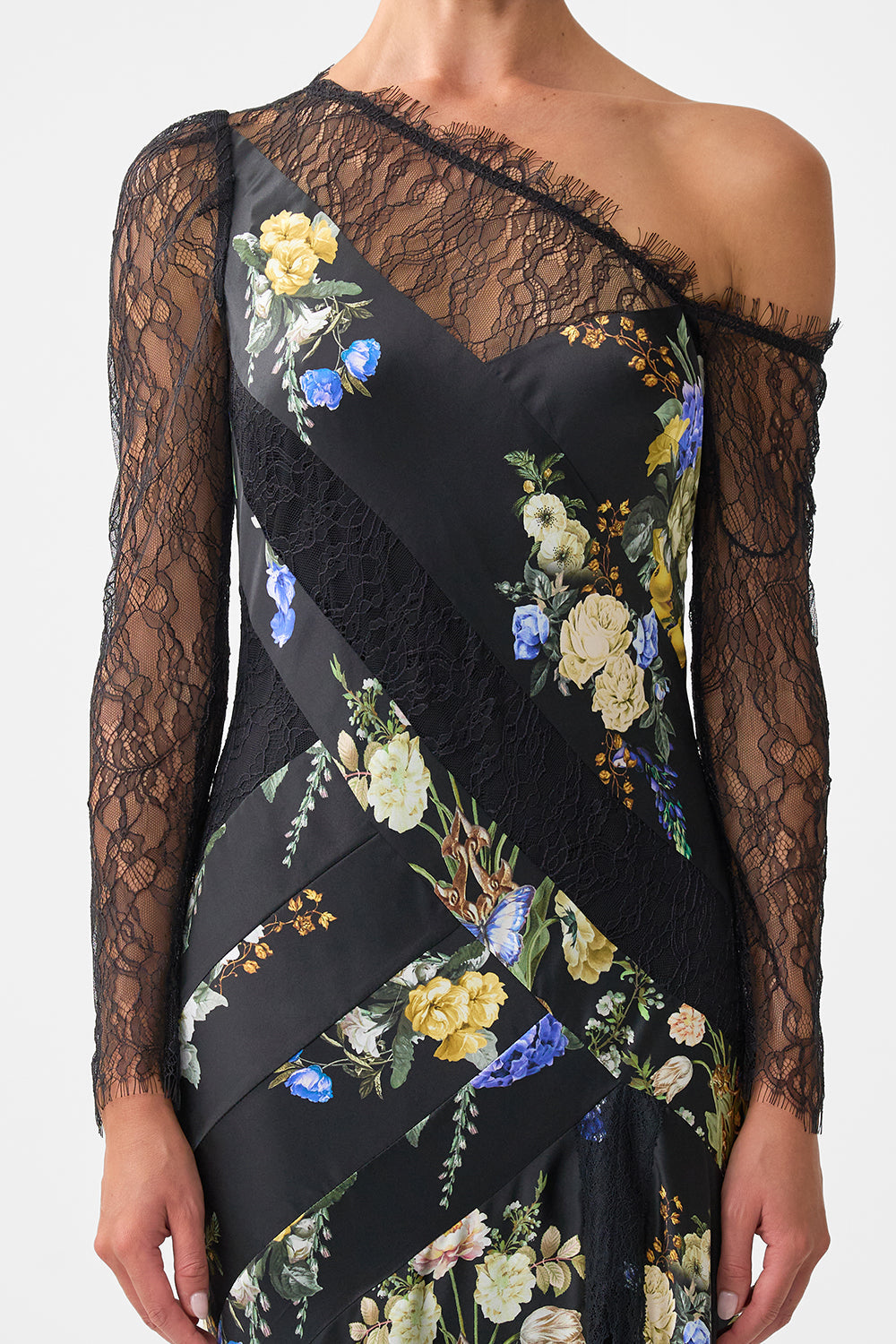 LACE SPLICE ONE SHOULDER DRESS OTTOMAN ELEGANCE