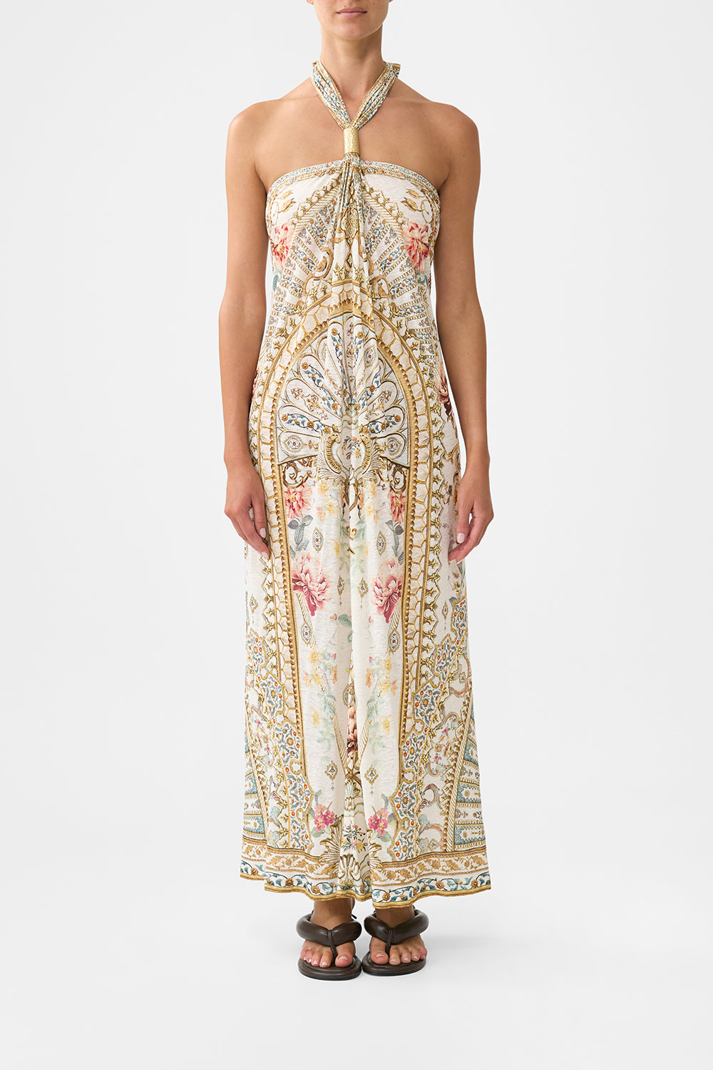 linen jersey dress CAMILLA | Long Draped Halter Ottoman Dynasty, M/L White | Ottoman Dynasty Midi dress