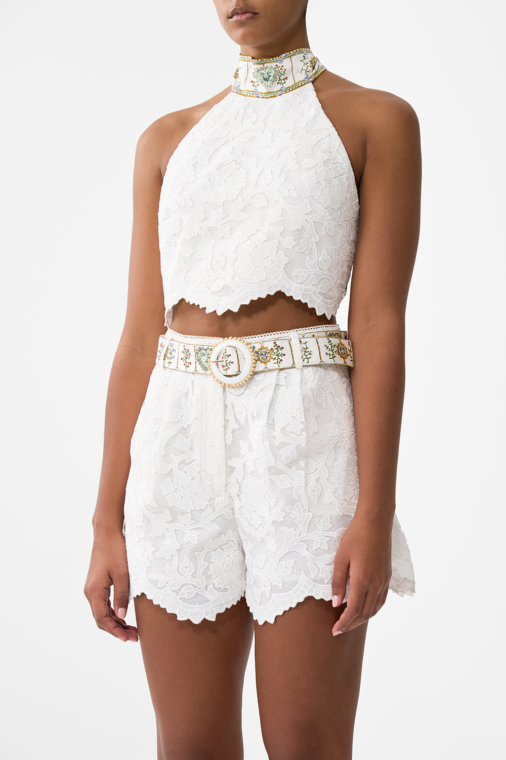 The CAMILLA Halter Tie Back Top in our Dressing Room Drama print.