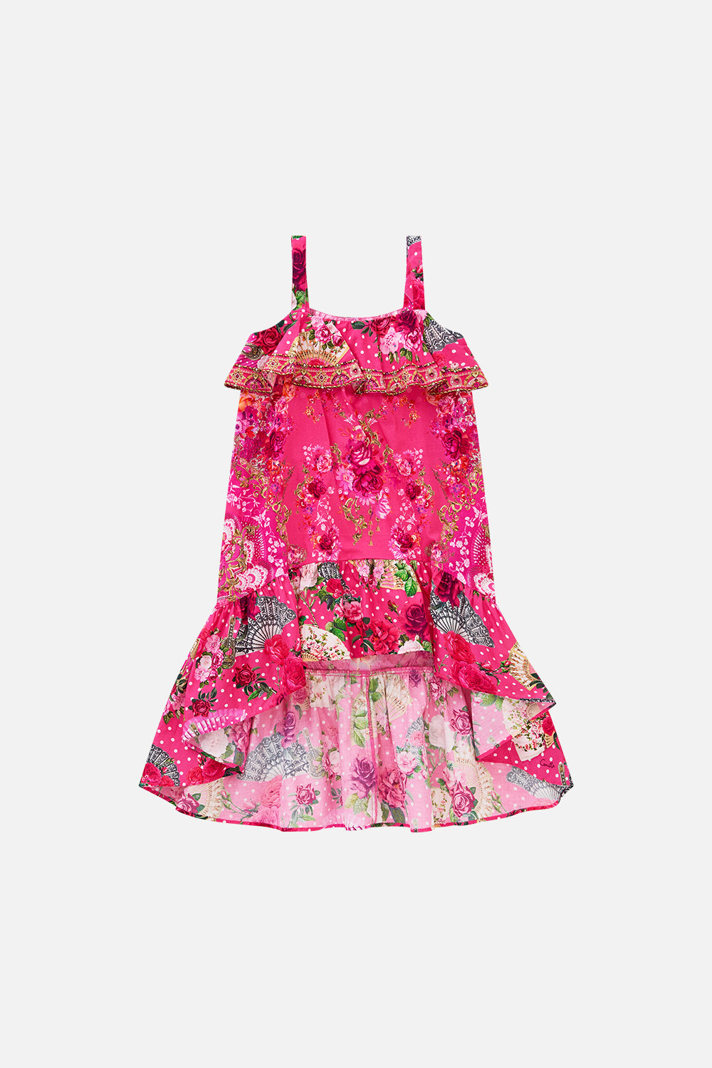 KIDS WIDE STRAP HIGH LOW DRESS WITH FRILLS FLAMENCO ROSE