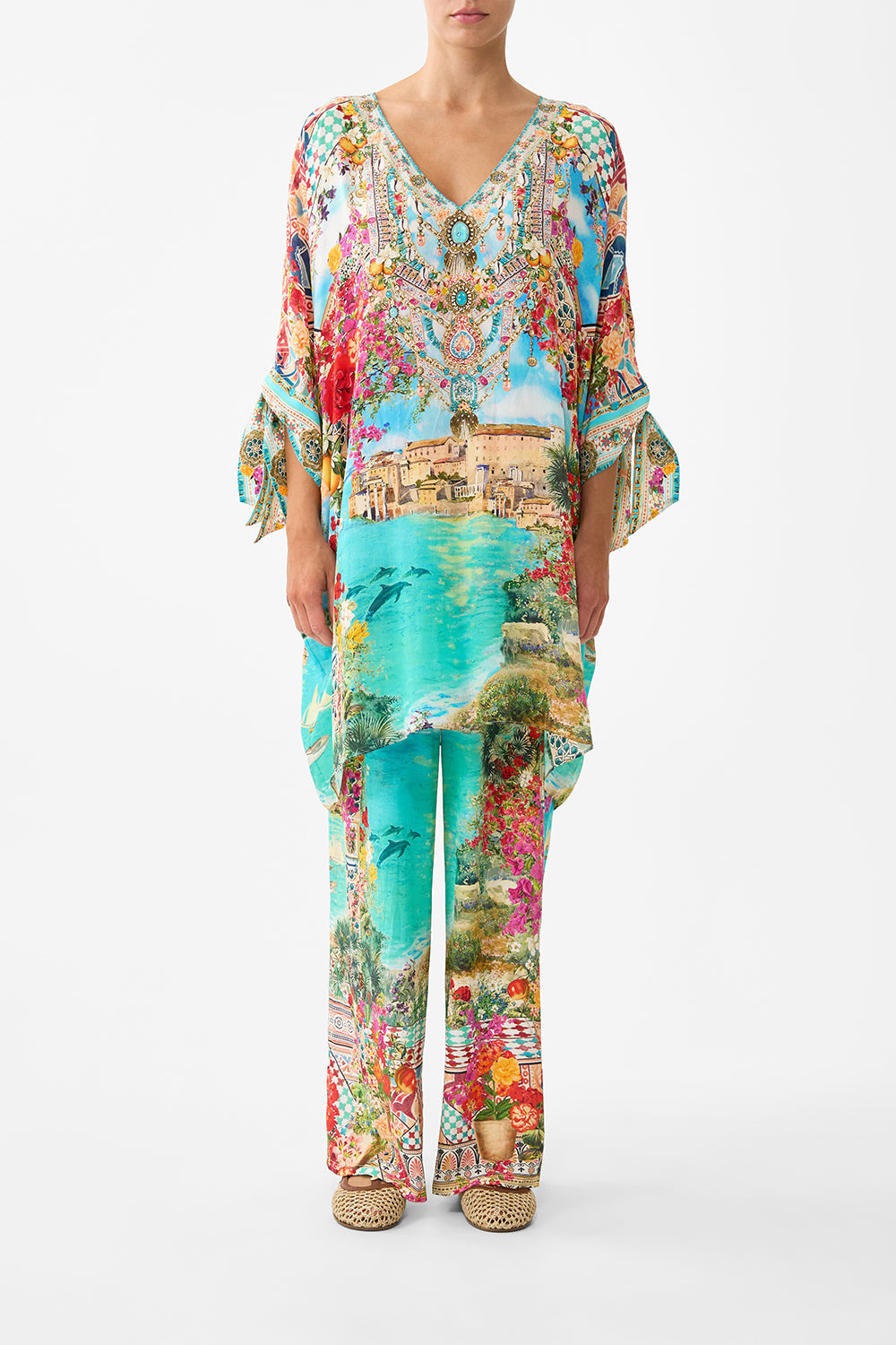 TIE SLEEVE SHORT V NECK KAFTAN MEET ME IN MALLORCA