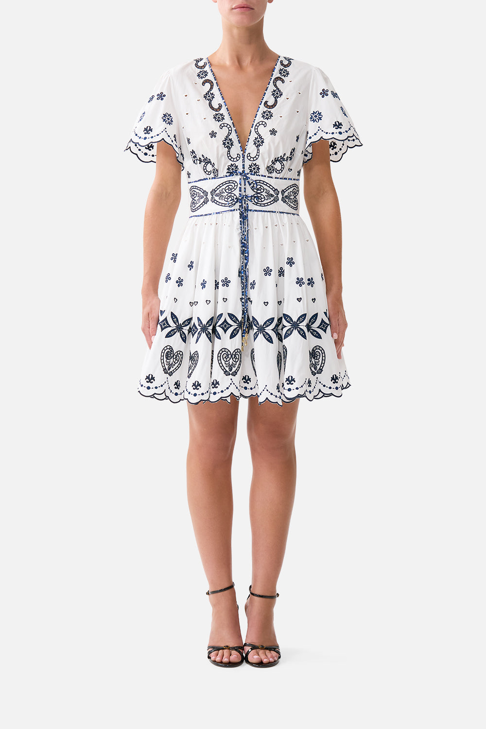 camilla blue and white dress Embroidered Tile Mini | | Size XS LABEL:ALLY FASHION Opulent Black Velvet Sequins Dry clean only Zip Size:US 19