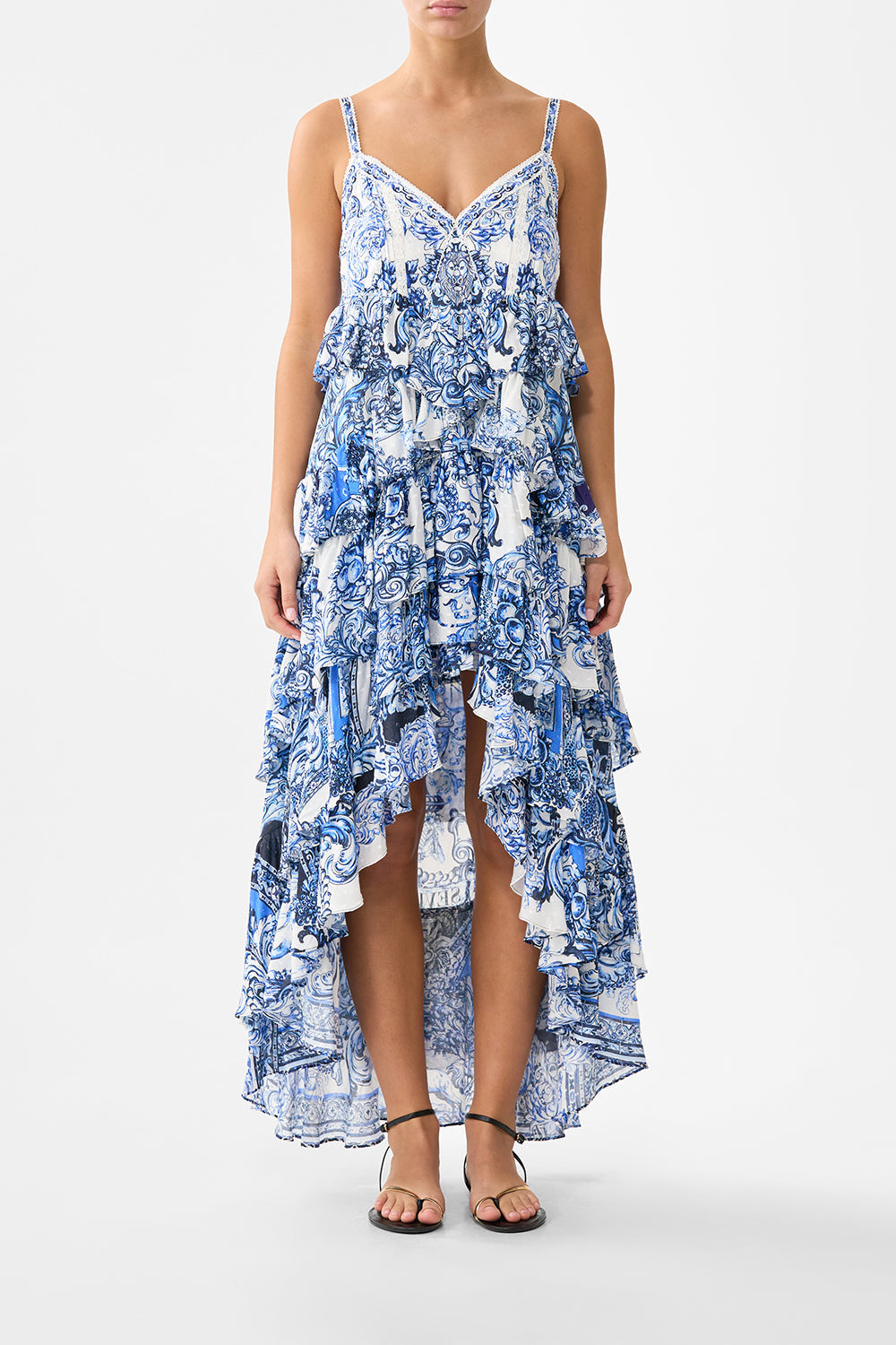CAMILLA | V Neck Ruffle High Low Dress A Tiled Wonderland, XXS Blue | A Tiled WONDERLAND