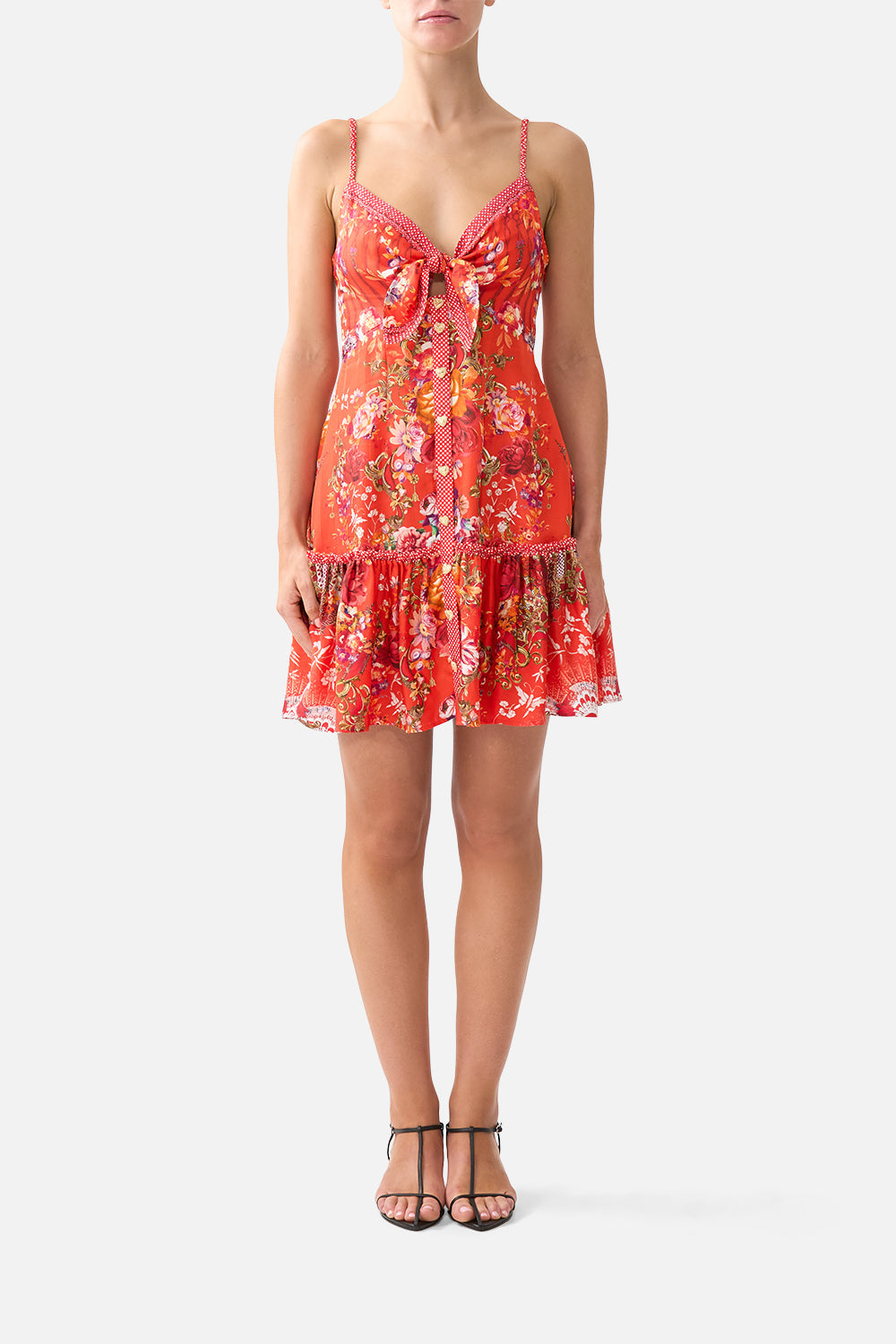TIE FRONT SHORT DRESS WITH HEM RUFFLE OLÉ OLÉ