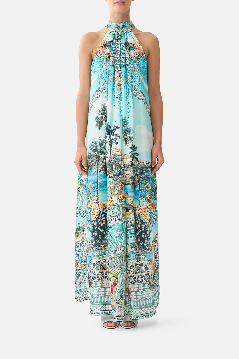 camilla maxi dress The Balearic Bebé Tie Neck Long SIZE:29 V. Chapman Rosemary Floral colour_sagegreen