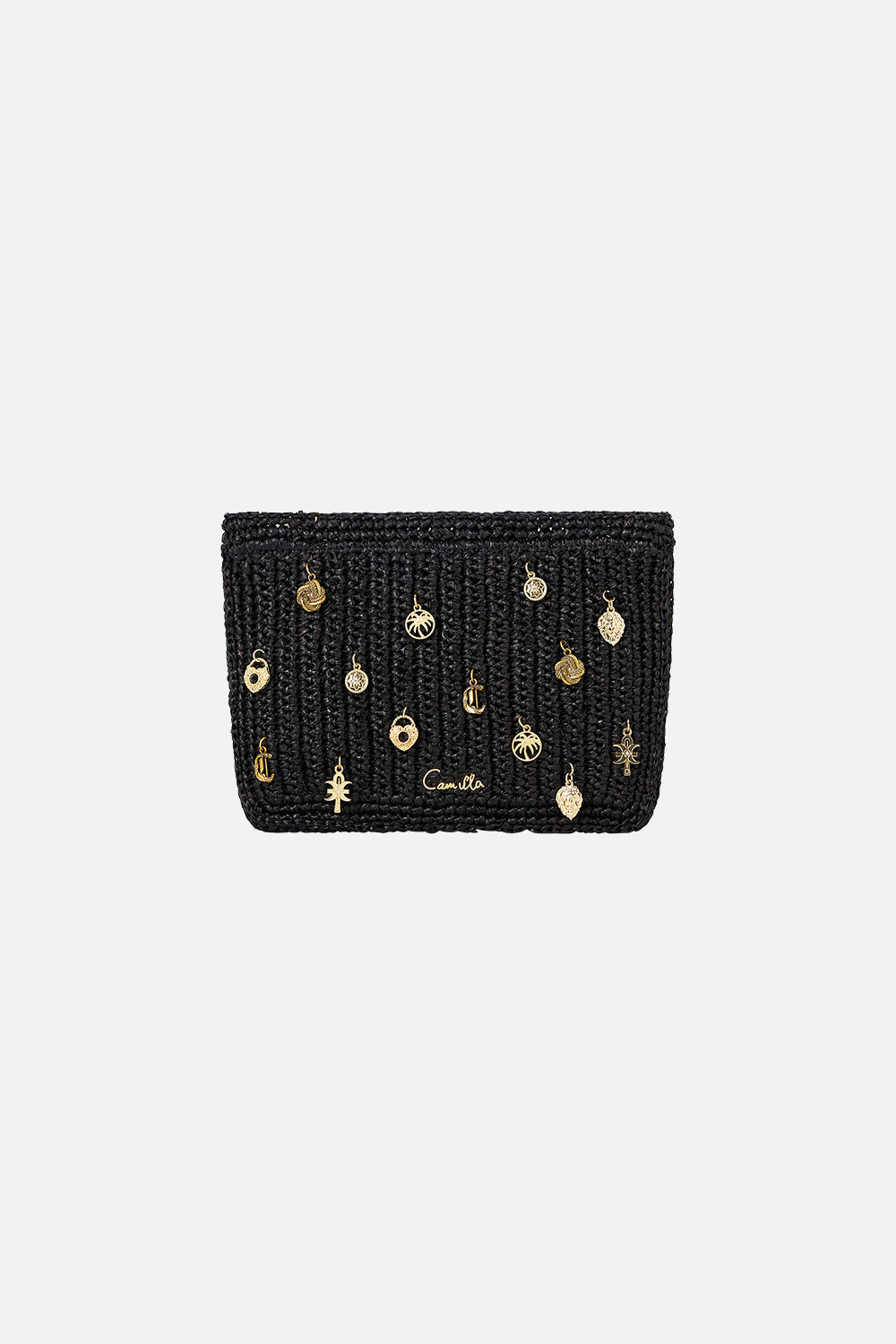 RAFFIA CLUTCH WITH CHARMS SOLID BLACK