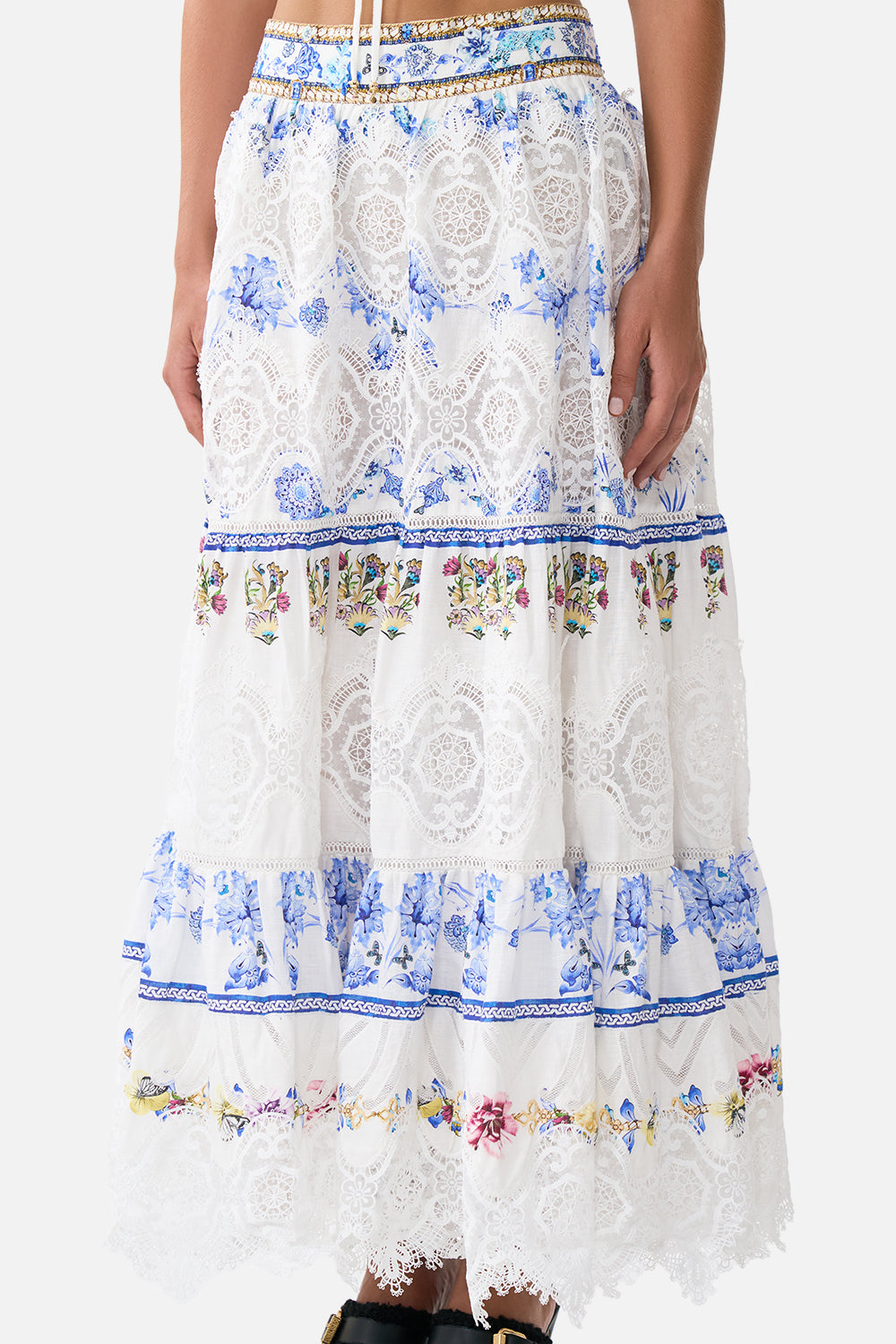 HIGH WAISTED TIERED MIDI SKIRT ALL ABOUT THAT LACE