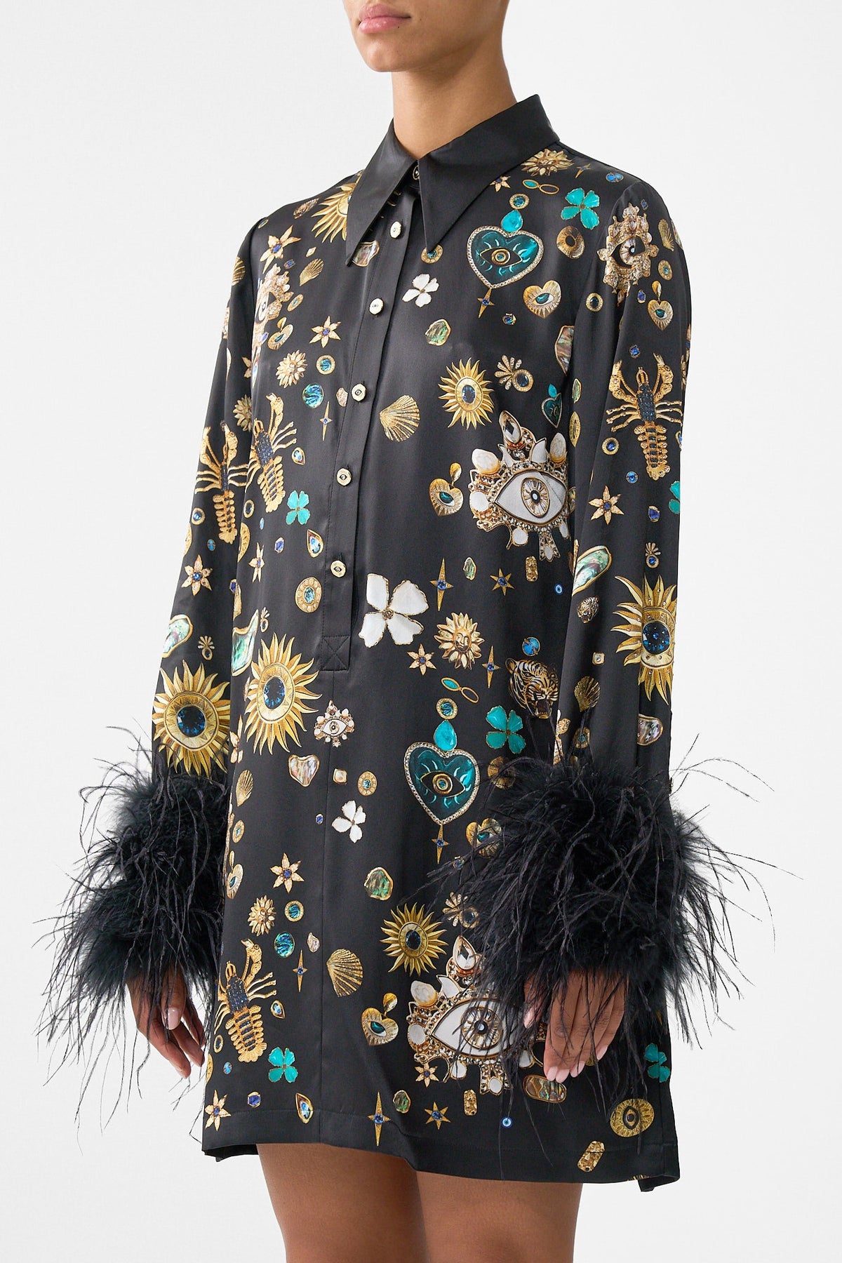 MINI SHIRT DRESS WITH FEATHERS AMULETS AND ALCHEMY