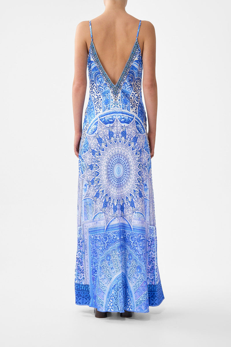 V-NECK LONG BIAS SLIP DRESS WITH TRAIN PALATIAL PASTELS