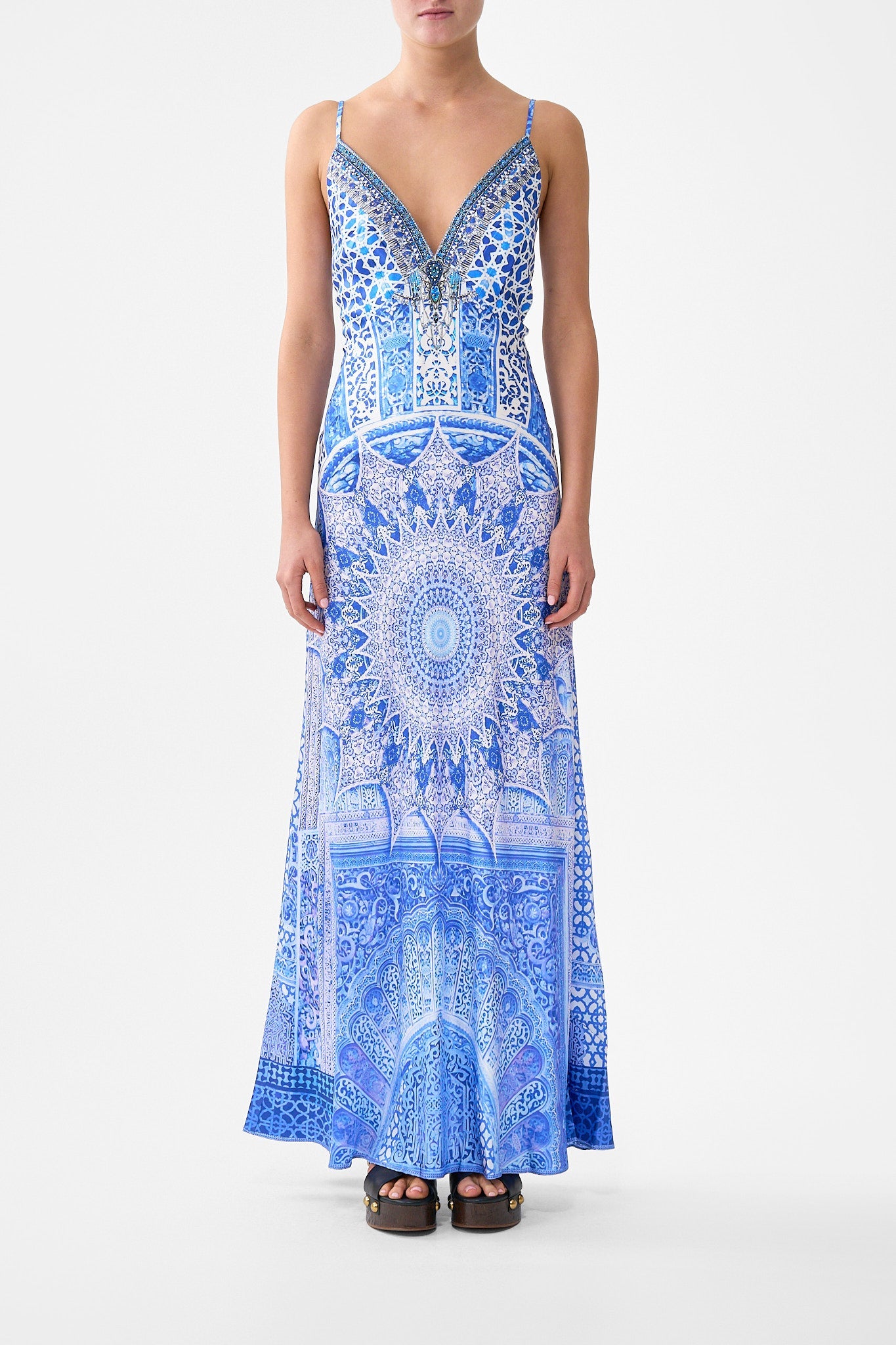 camilla blue dress | V-Neck Long Bias Slip with Train THE Bosphorous, M | THE BOSPHOROUS Spense Striped Illusion Style 25boxing while the romantic blouson Size:M / 36-37 Sleeve
