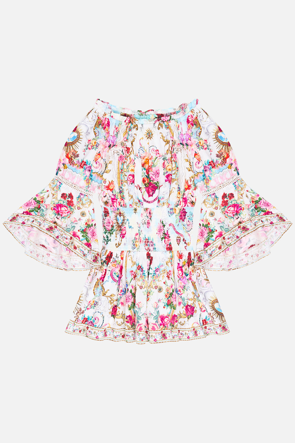 KIDS OFF SHOULDER SHIRRED WAIST MINI DRESS TORERO LIBERTINE