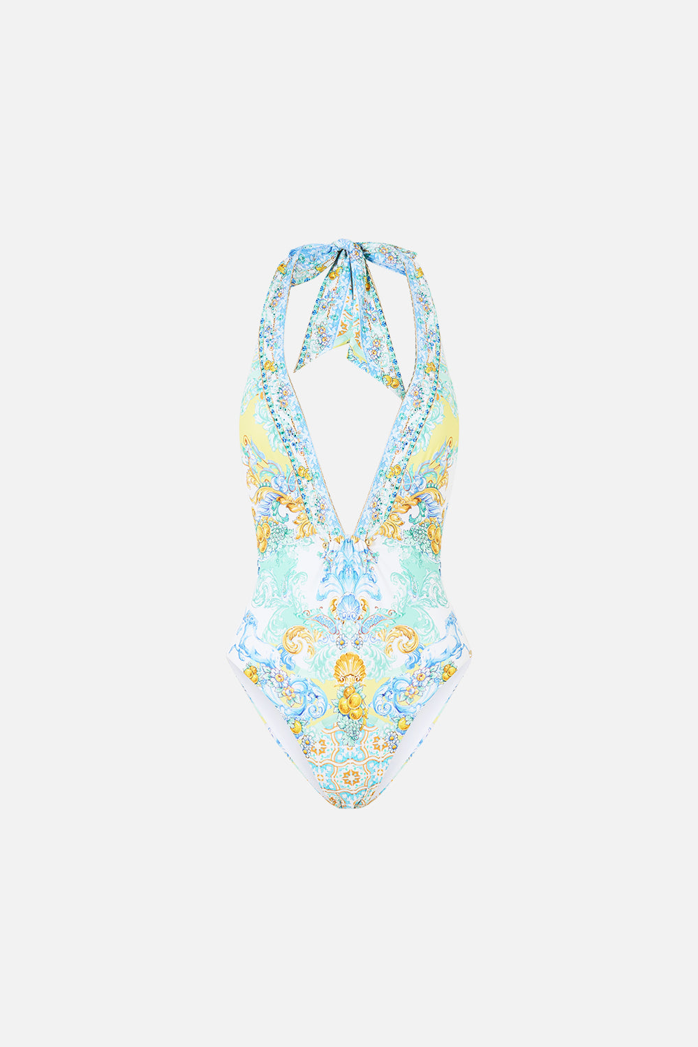 PLUNGE HALTER ONE PIECE W BAR FRONT TRIM DIAL UP THE TILES
