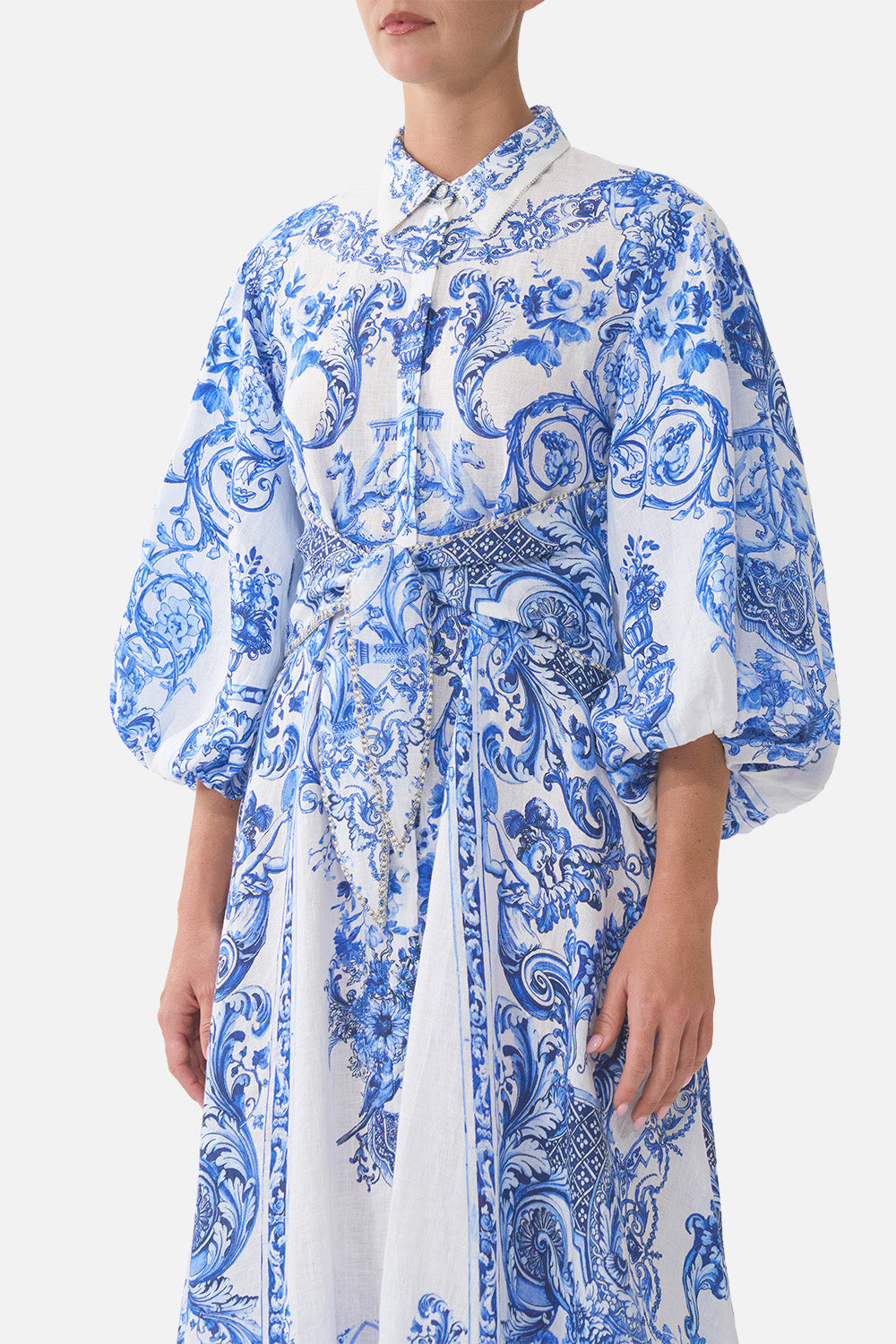 WAIST TIE SHIRT DRESS WITH BUBBLE SLEEVE CERAMIC PANORAMIC