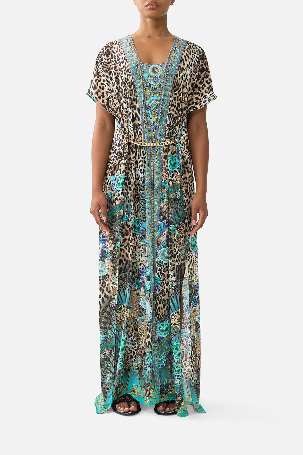 CAMILLA | Front Split Beach Maxi Dress W Chain Flamenco Euphoria, S/M Brown | Flamenco EUPHORIA