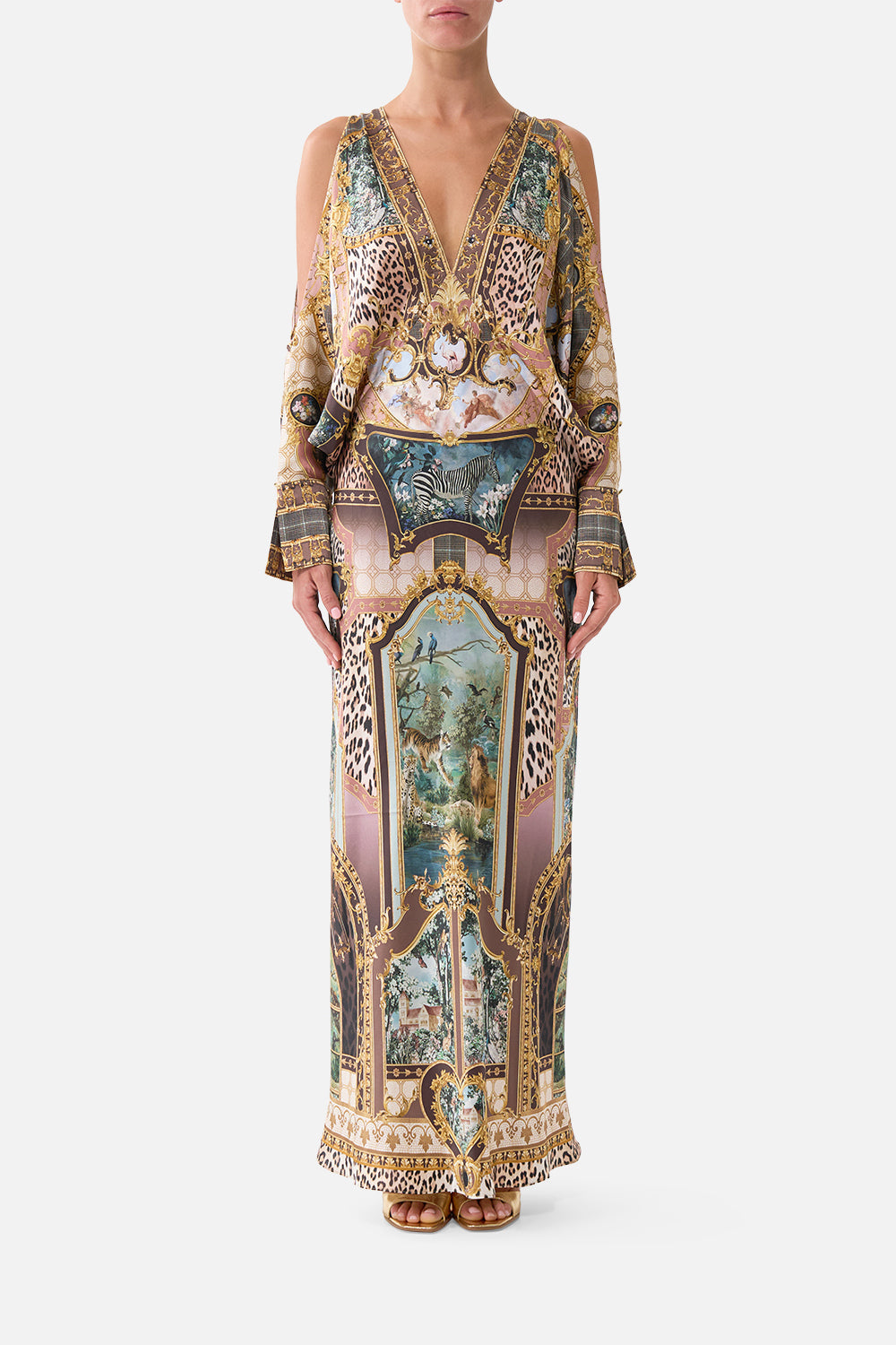 camilla draped floor length dress PLUNGE NECK SHOULDER ANIMALS IN THE PALACE Selina Sunset Crochet Dress Womens Camilla Draped Wrap sa_colour: gold Color:NUD1 - Almond Beige