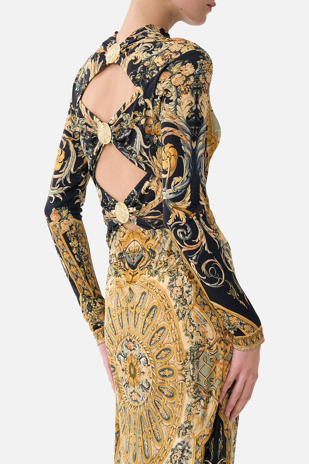 The CAMILLA Back Detail Jersey Dress in our Museum Memoirs print.