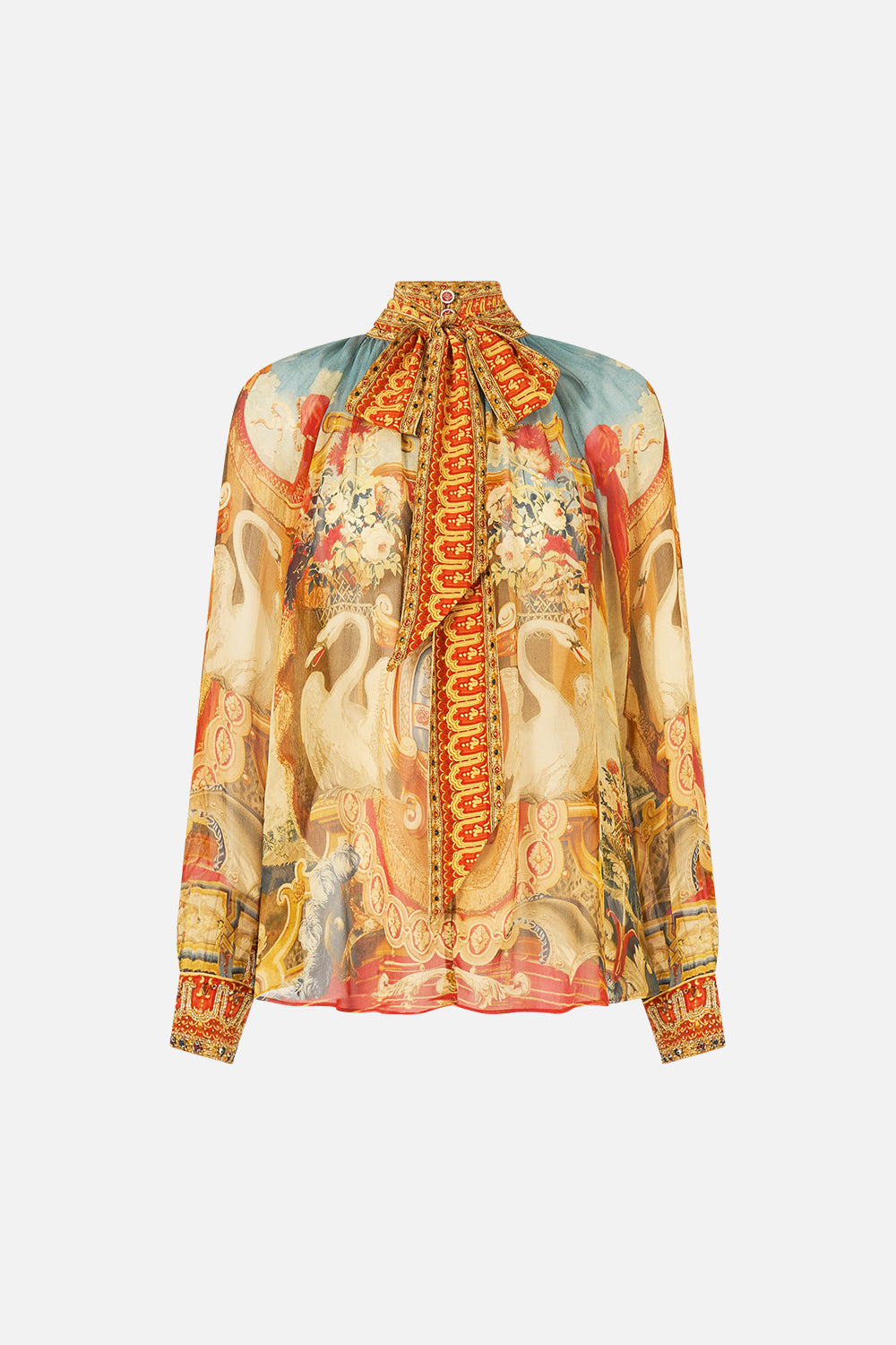 The CAMILLA Detachable Pussy Bow Raglan Blouse in our Lifeís Rich Tapestry print.