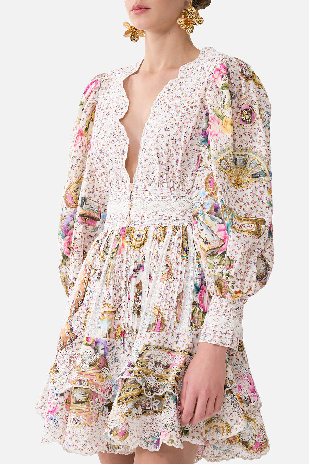The CAMILLA Button Front Frill Dress in our In The Heart Of Art print.