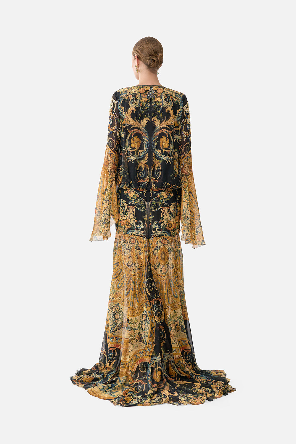 The CAMILLA Low Cut Lace Up Front Long Dress in our Museum Memoirs print.