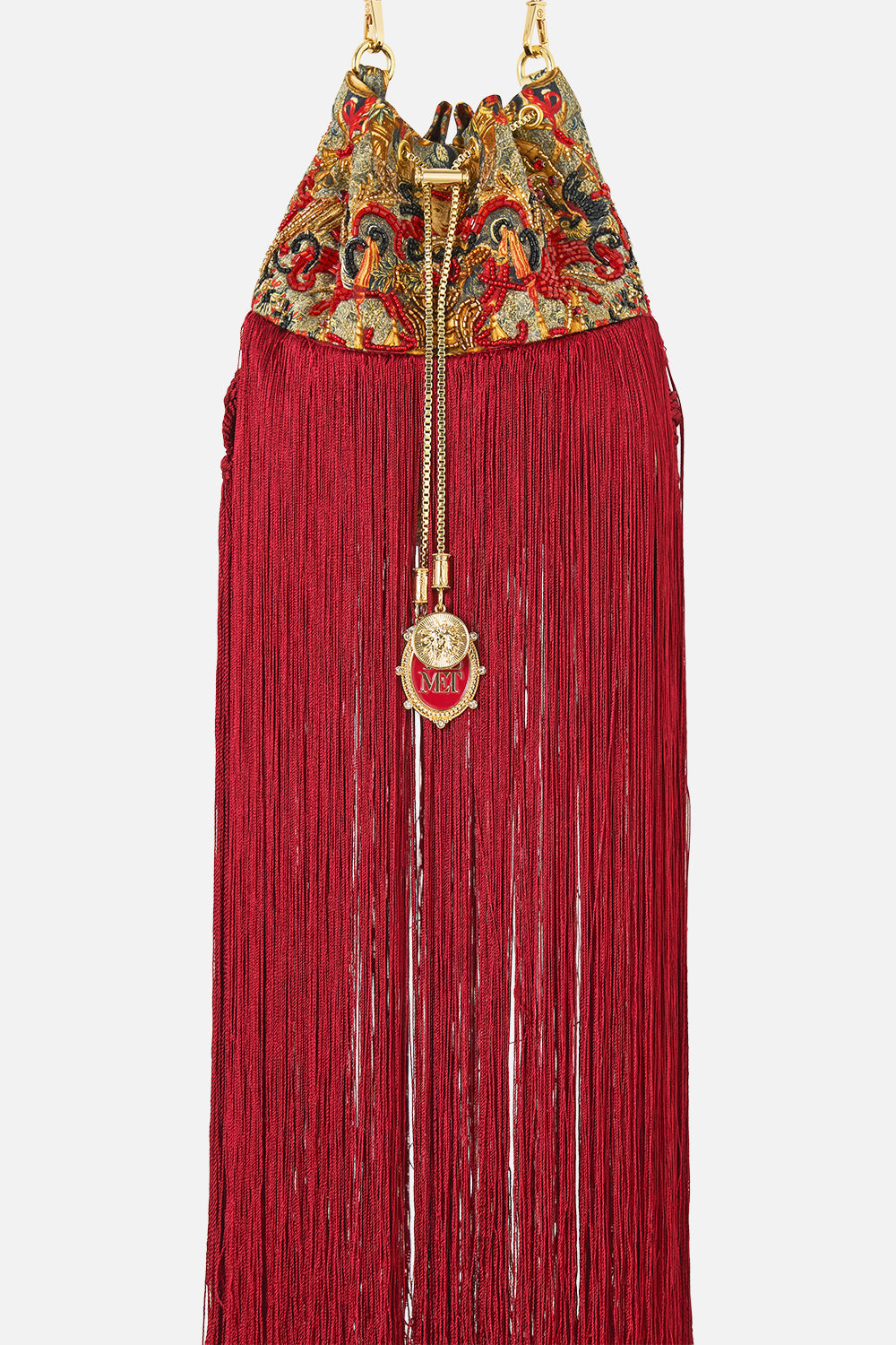 The CAMILLA Drawstring Pouch With Fringing in our Meet Me At The Met print.