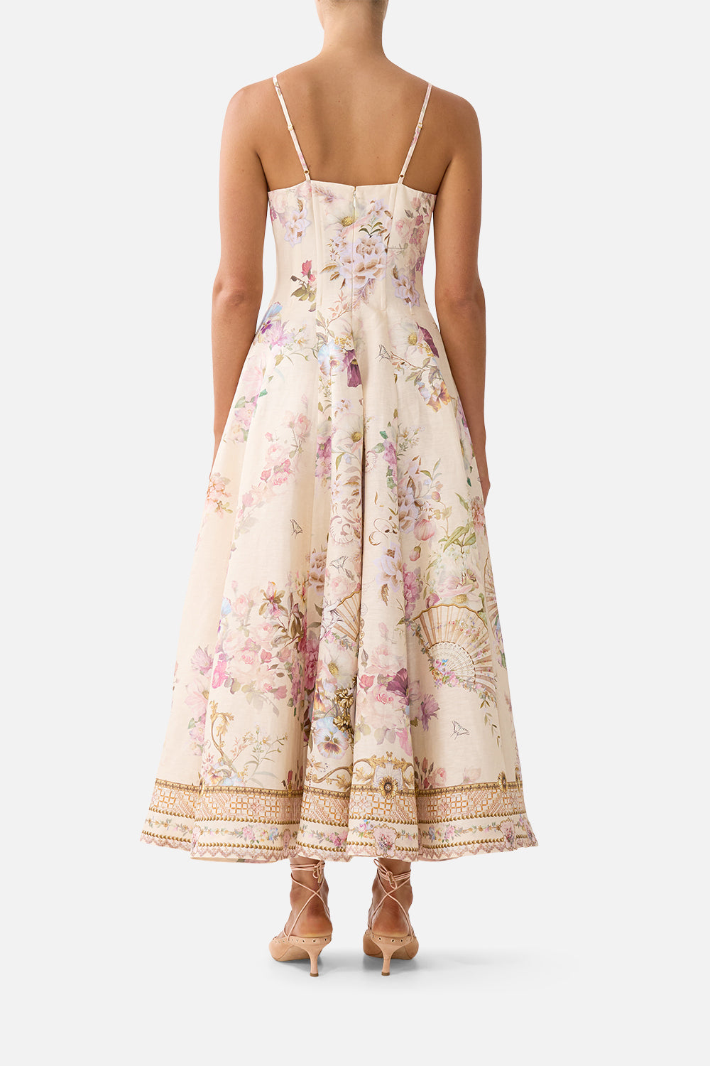 CORSET DRESS WITH LONG FLARED SKIRT ADORNED IN ARANJUEZ