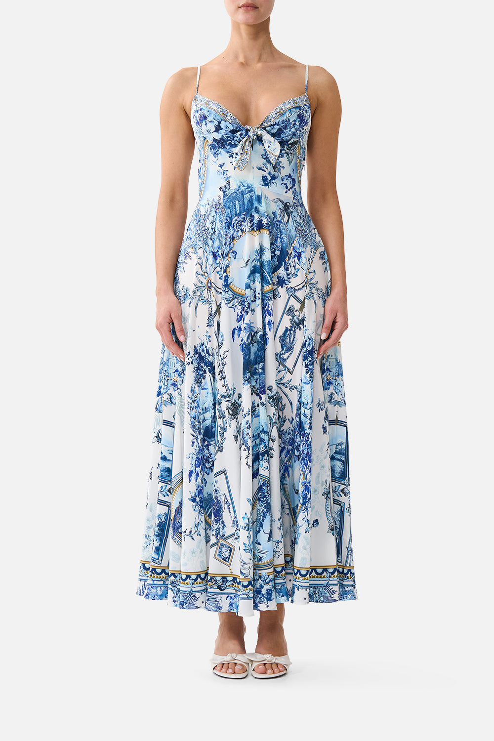 camilla blue and white dress LONG WITH TIE FRONT THE PORCELAIN PARLOUR LABEL:ALLY FASHION Opulent Black Velvet Sequins Dry clean only Zip Size:US 19
