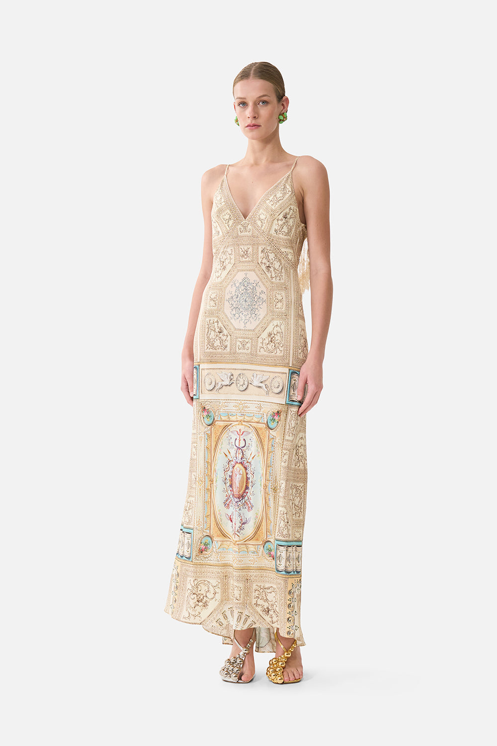 V Neck Bias Slip Dress With Back Frill