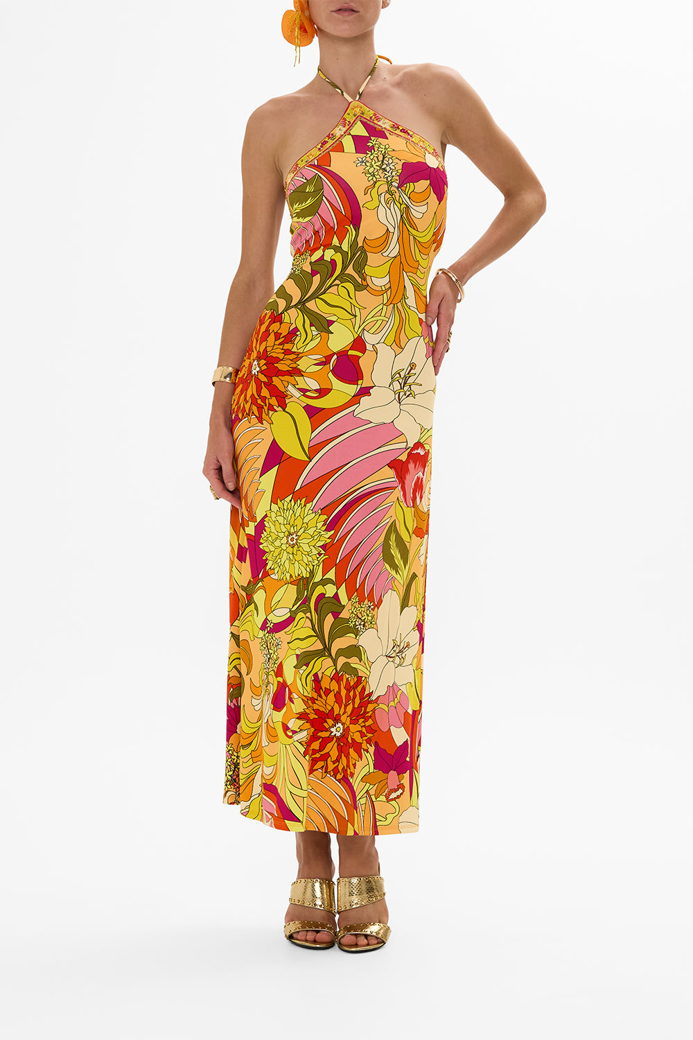 CAMILLA floral long jersey halter dress in The Flower Child Society print.