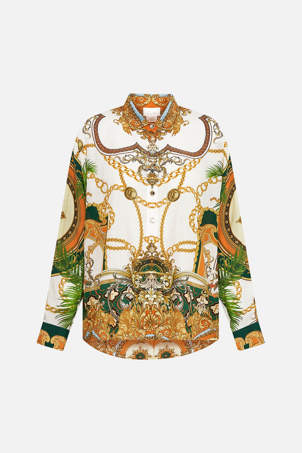 Front product view of CAMILLA silk cotton blouse in My Sweet Devotion print