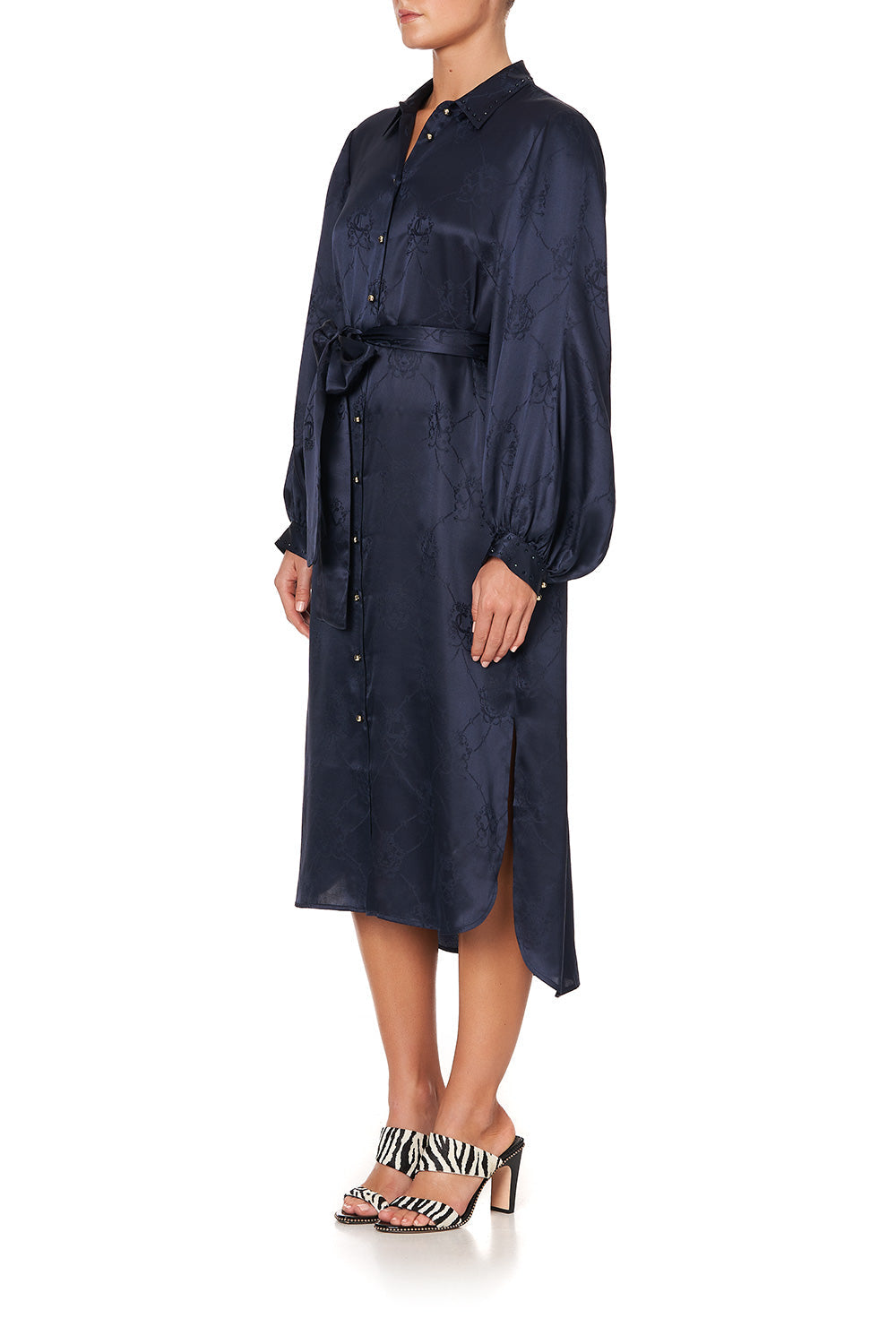 HIGH LOW MIDI SHIRT DRESS SOLID NAVY