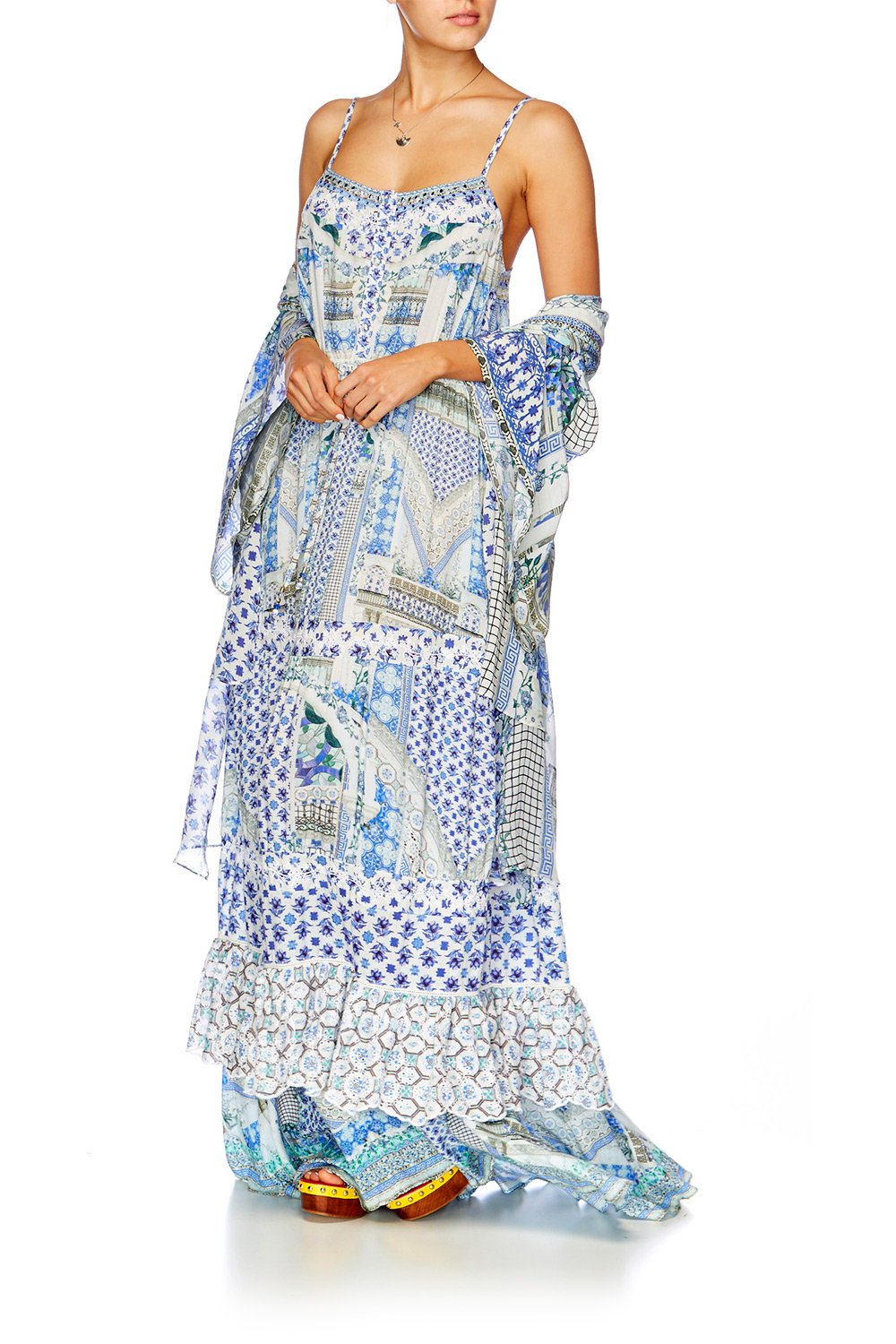 SALVADOR SUMMER TIERED FRILL HEM LONG DRESS