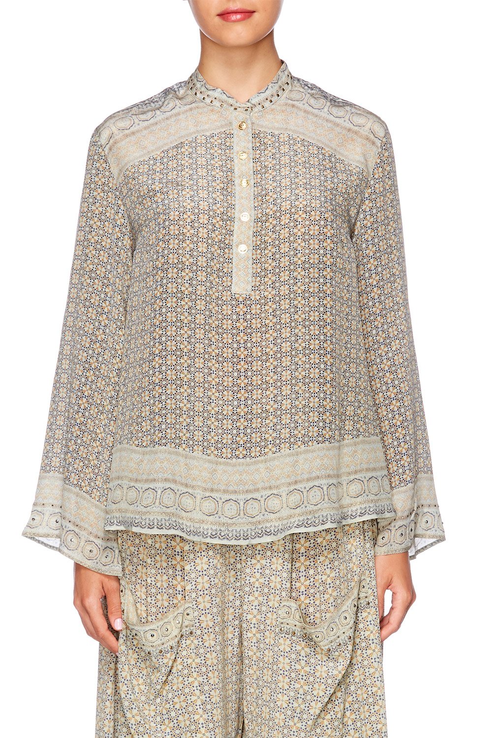 THREADED UNION WIDE SLEEVE BUTTON UP BLOUSE