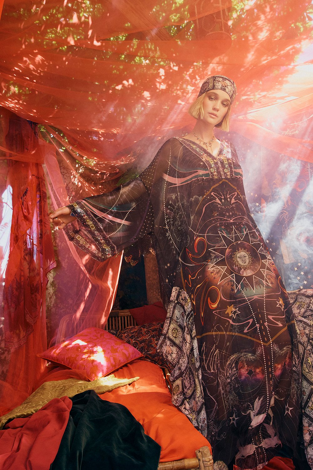 SHEER KAFTAN WITH TIE AND SLIP MIDNIGHT MOON HOUSE