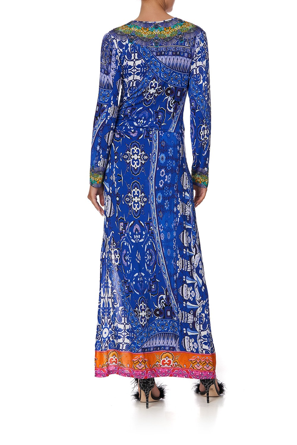 V NECK LONG DRESS WITH SIDE SPLIT PARROT