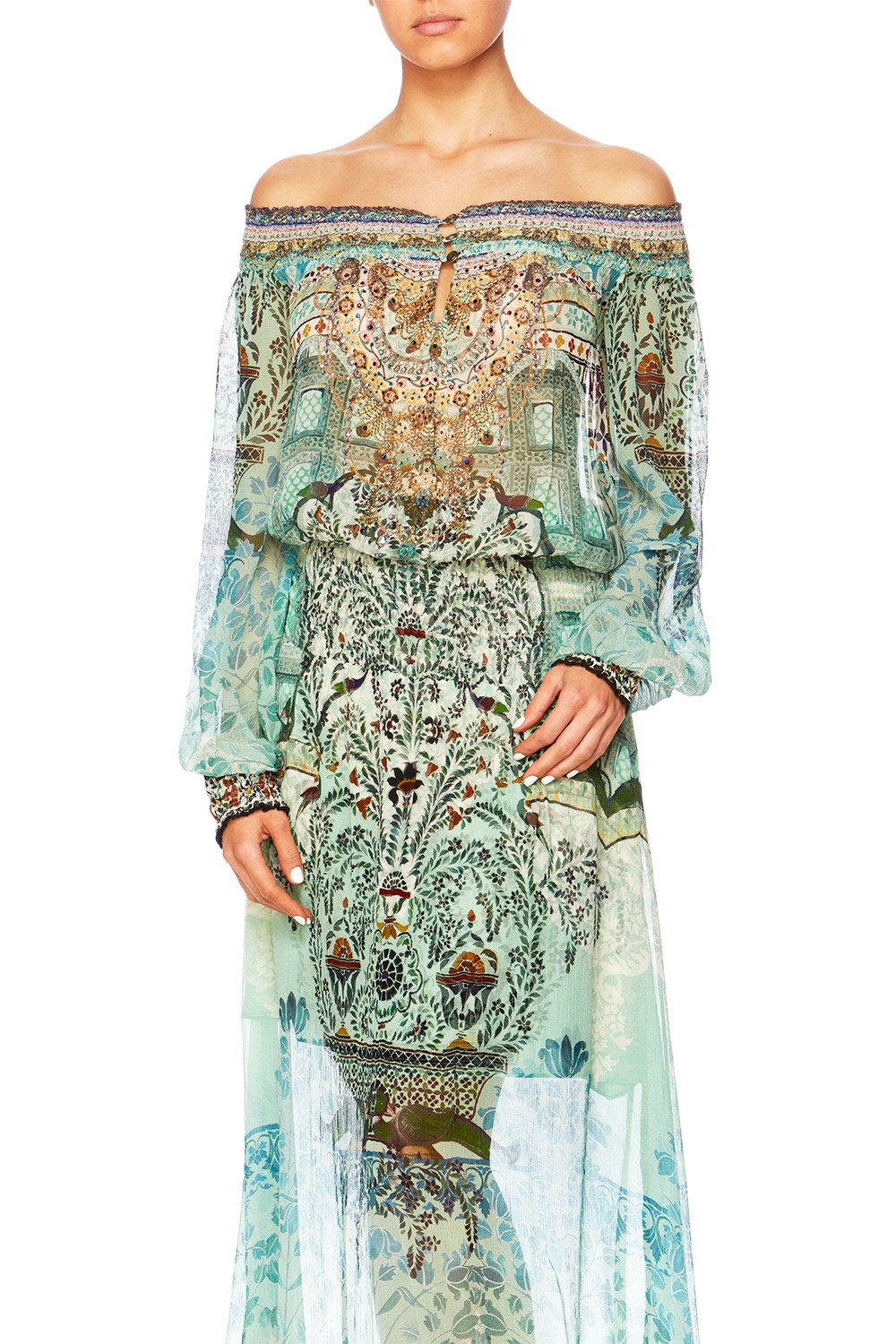 THE SPIRIT WITHIN OFF SHOULDER SHIRRED DRESS