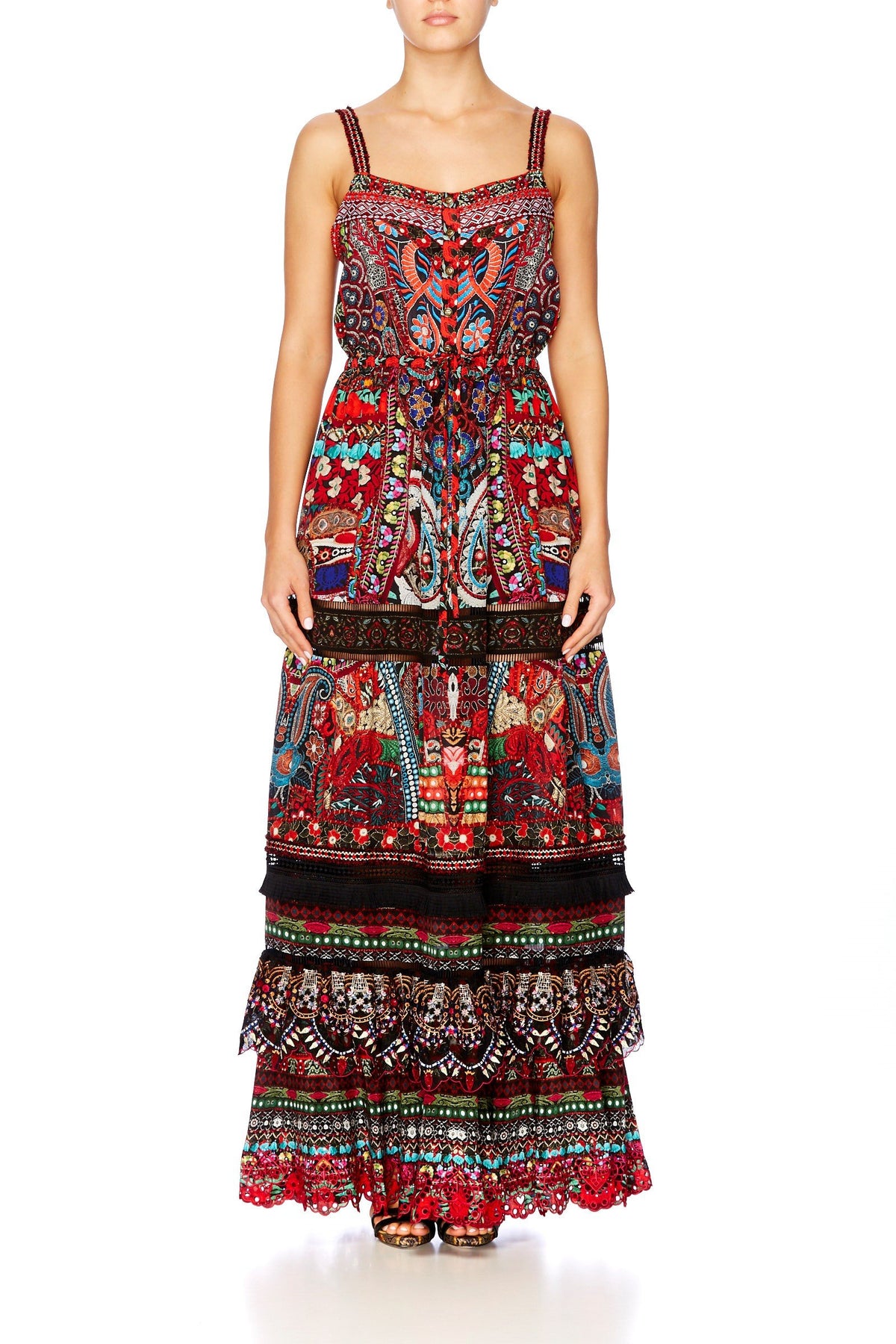 QUEEN ALIKA TIERED FRILL HEM LONG DRESS