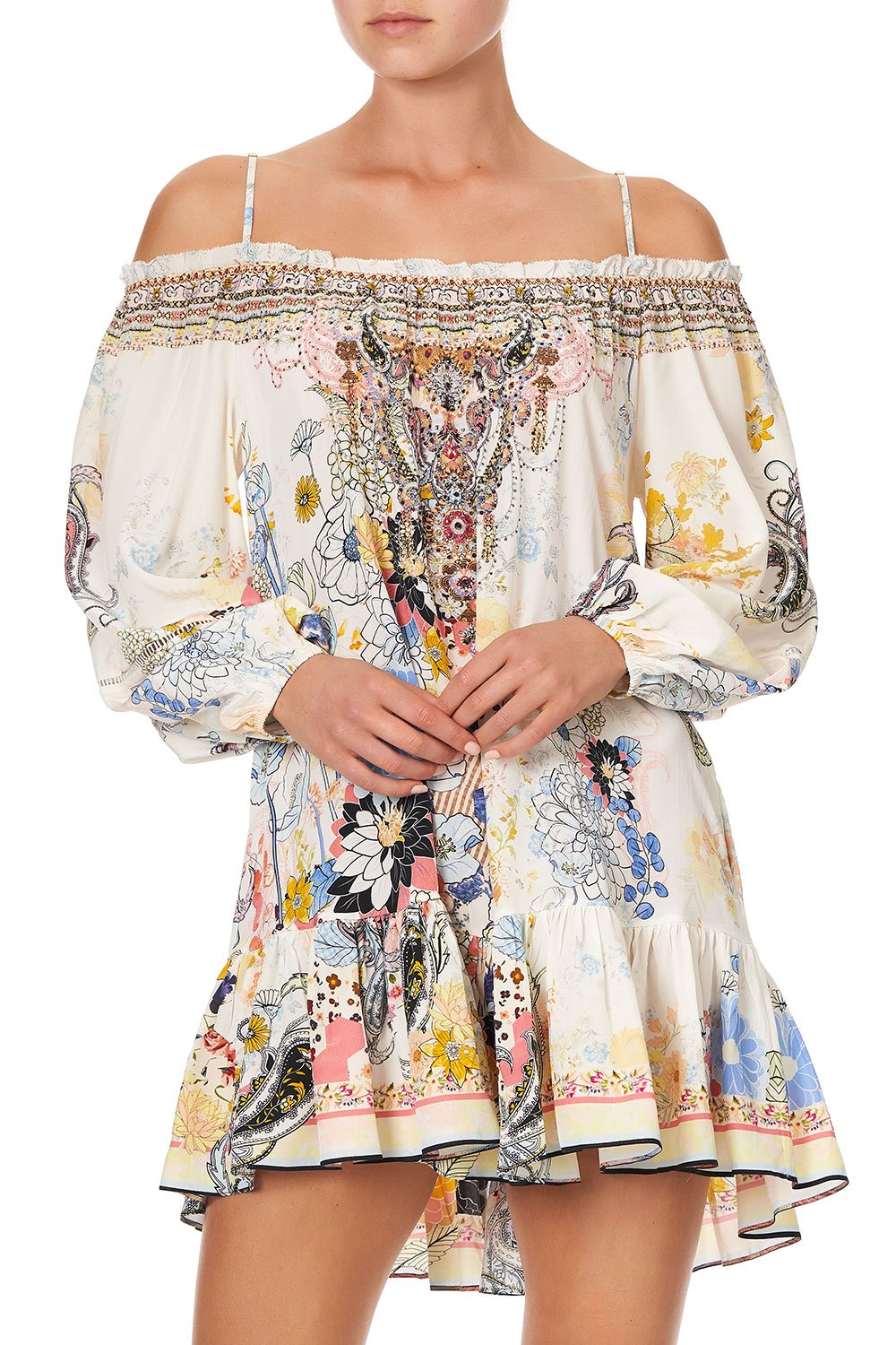 OFF SHOULDER DRESS WITH STRAPS BRITAIN BOUQUET