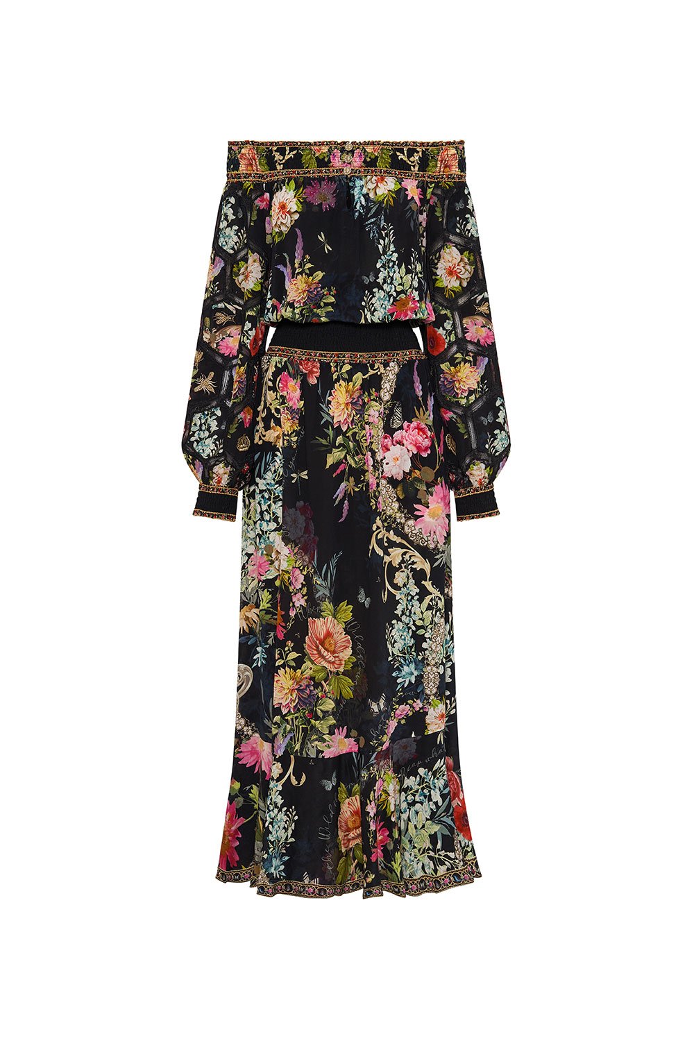 OFF SHOULDER SHIRRED DRESS HAMPTON HIVE