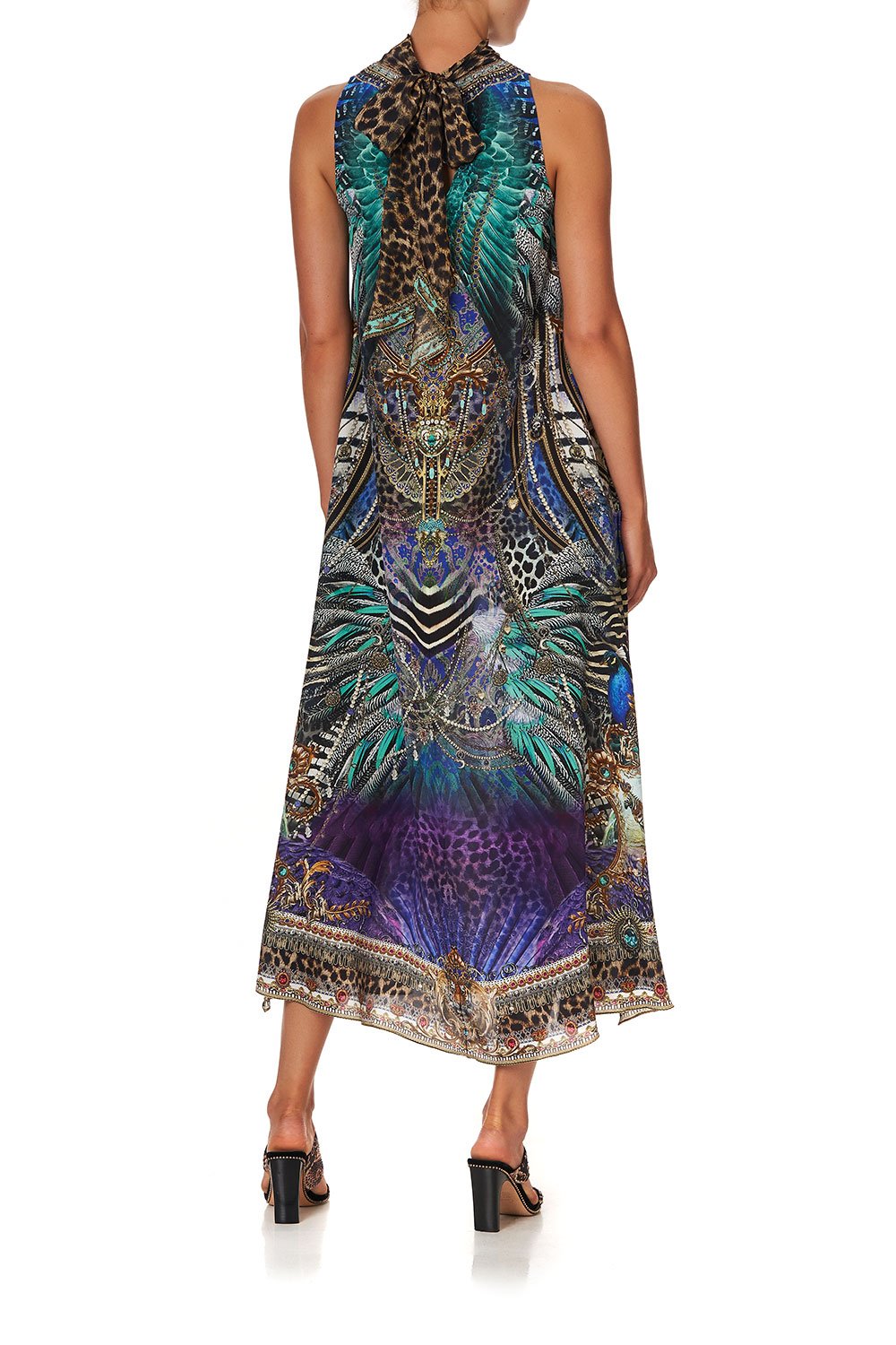 HIGH NECK DRESS WITH BACK NECK TIE ANIMAL ARMY