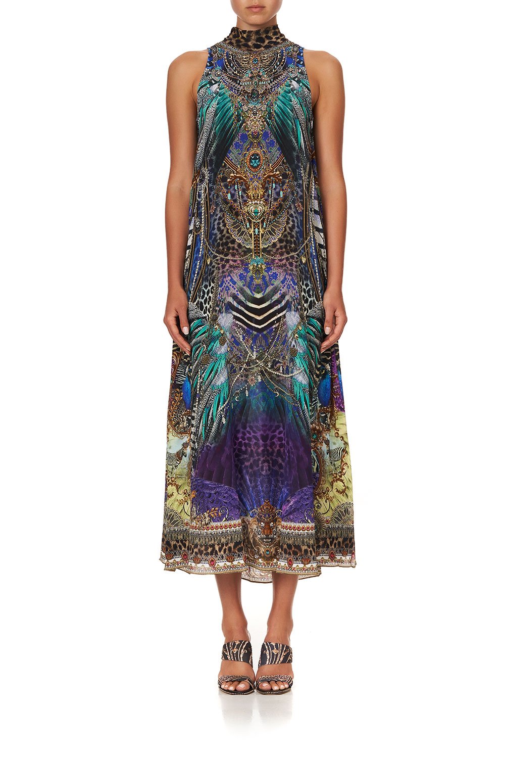 HIGH NECK DRESS WITH BACK NECK TIE ANIMAL ARMY